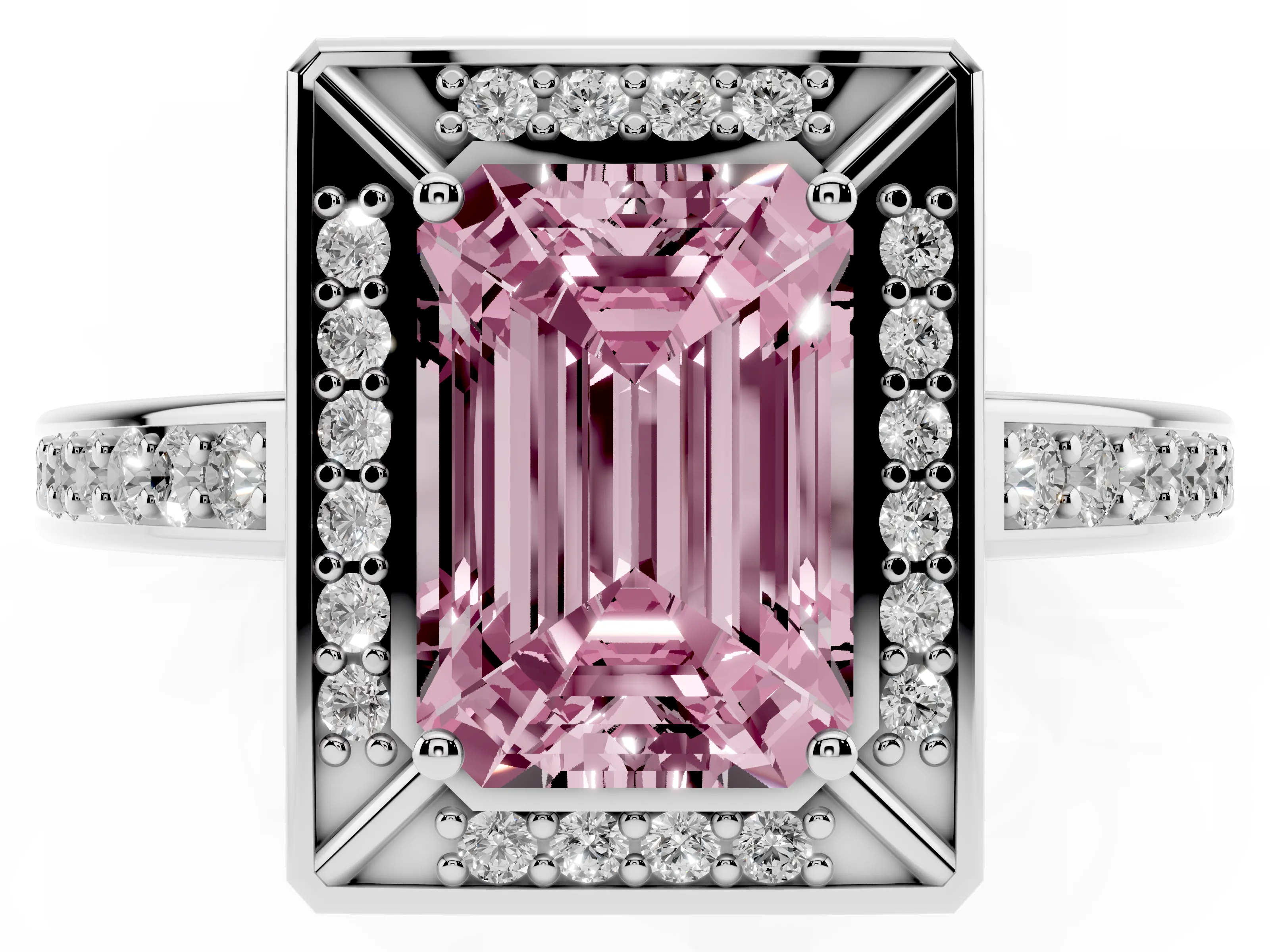 Fancy Pink Emerald Cut Diamond Halo Pavé Split Shank Ring Set in Silver with Prong Setting