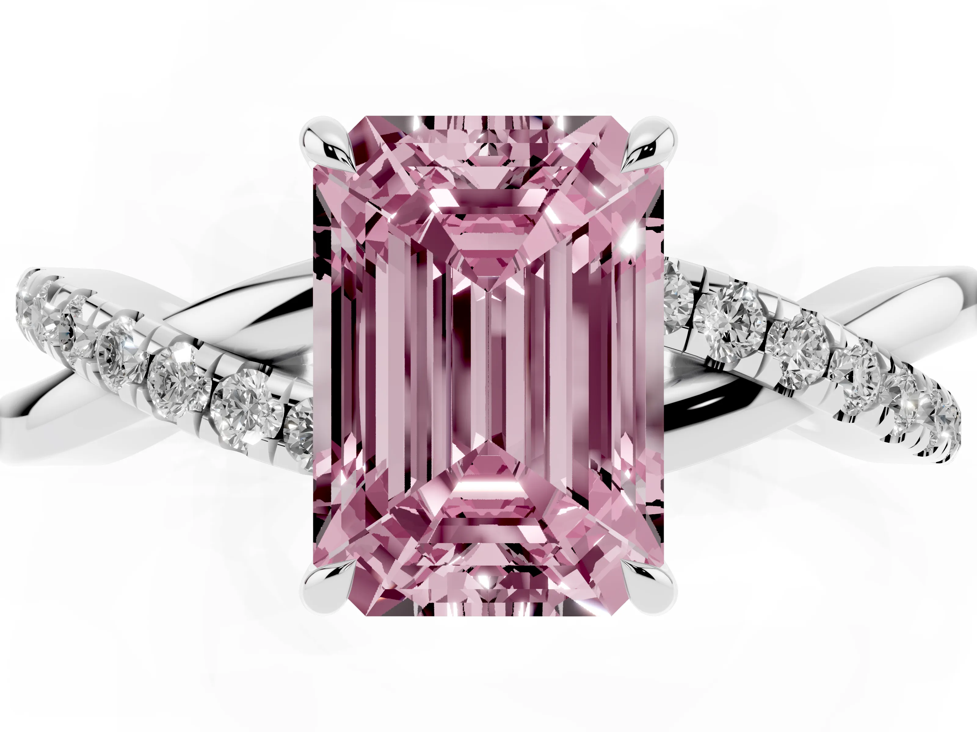 Fancy Pink Emerald Cut Diamond Twisted Pavé Band Ring Set in White gold with Prong Setting