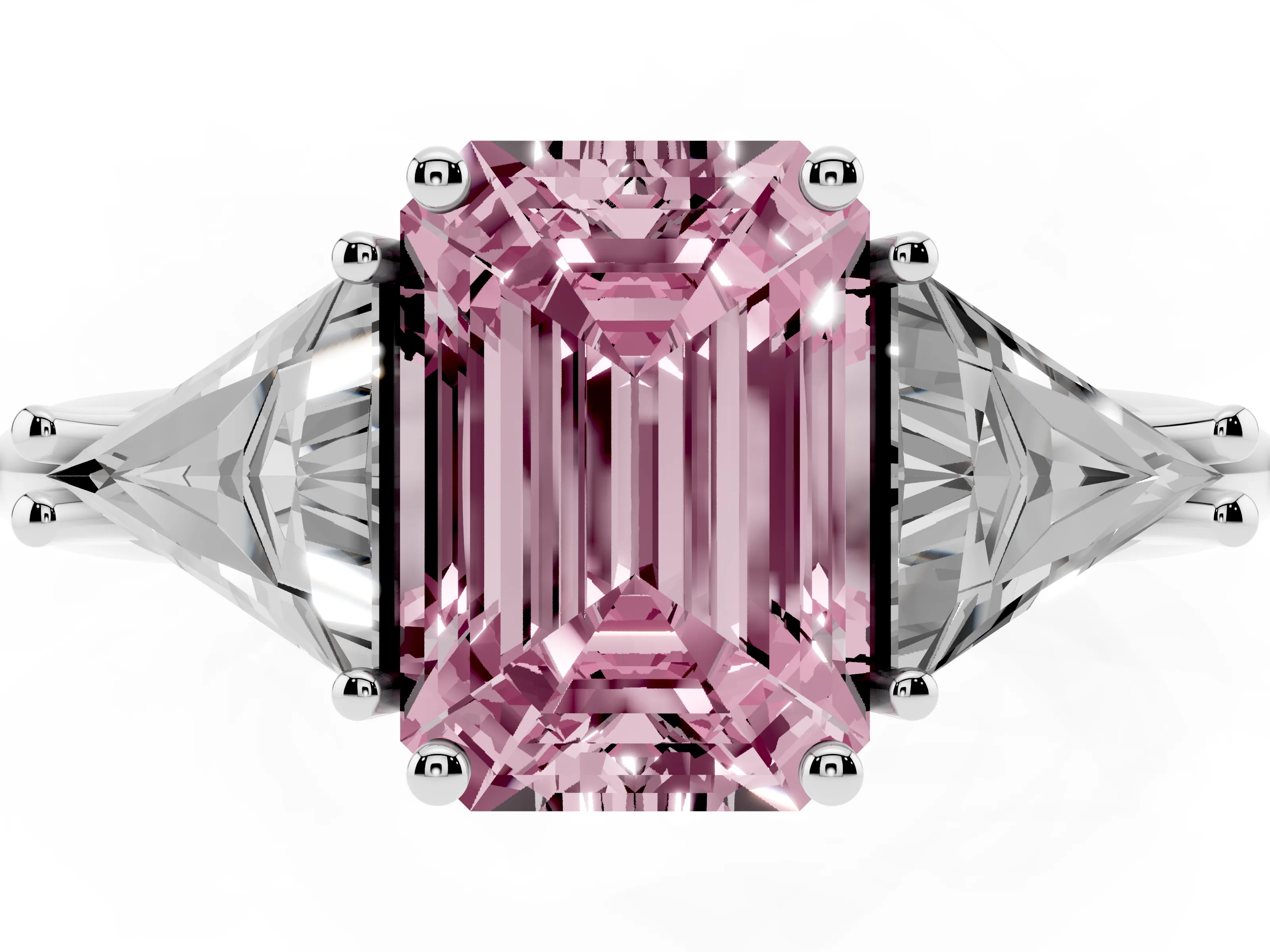Fancy Pink Emerald Cut Diamond Three-Stone Engagement Ring Set in Silver with Trillion Side Stones