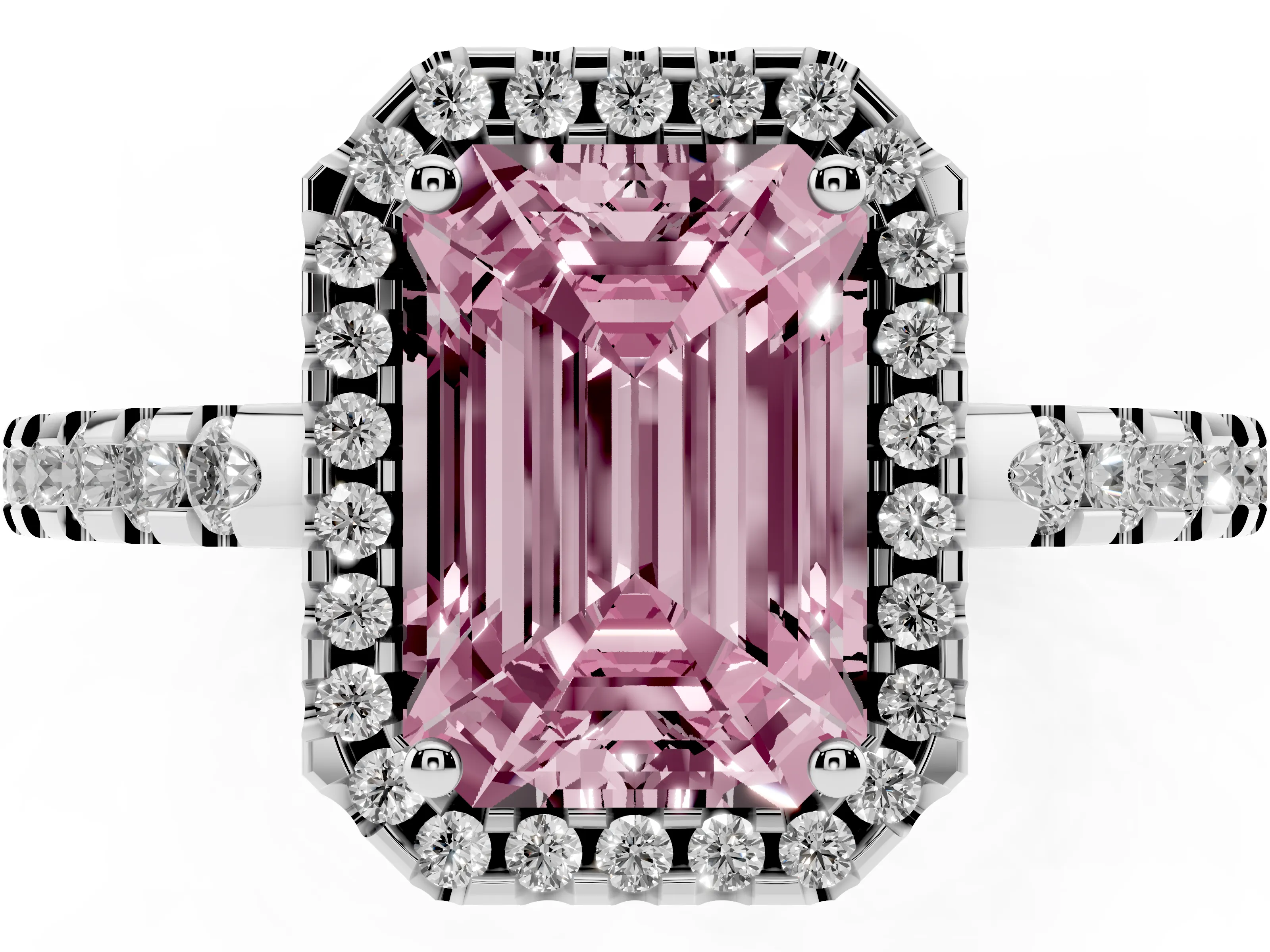 Fancy Pink Emerald Cut Diamond Halo Ring Set in White gold with Pavé Shoulders and Halo-Framed Center
