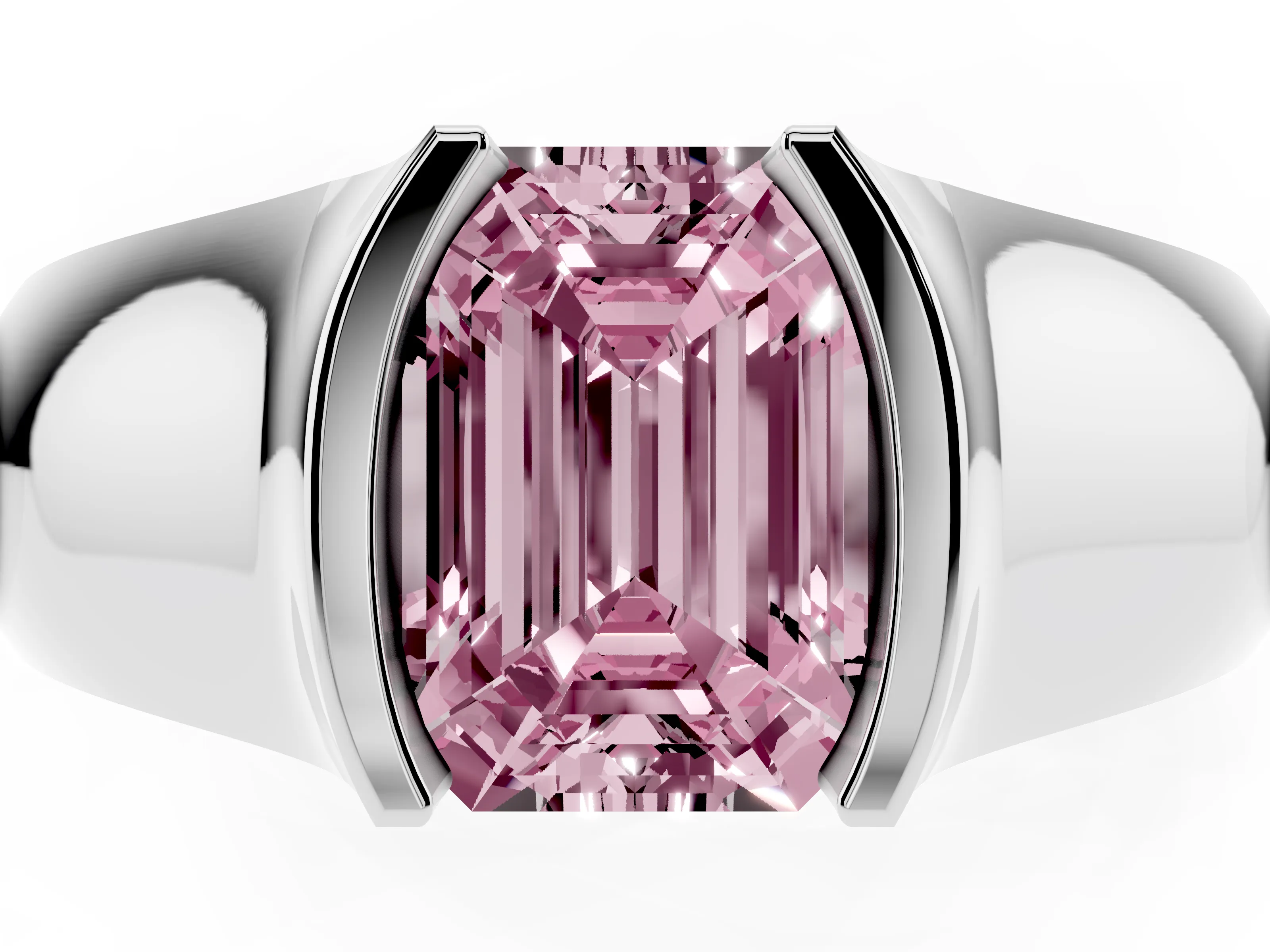 Fancy Pink Emerald Cut Diamond Bezel Solitaire Ring Set in Silver with Wide Band