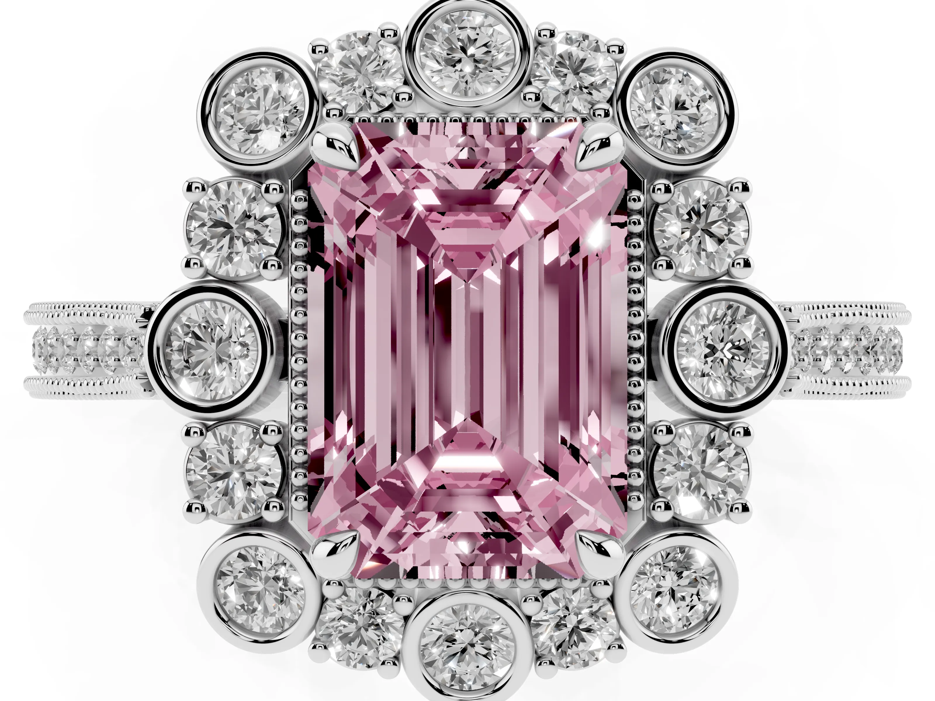 Fancy Pink Emerald Cut Diamond Halo Milgrain Pavé Ring Set in White gold with Prong Setting