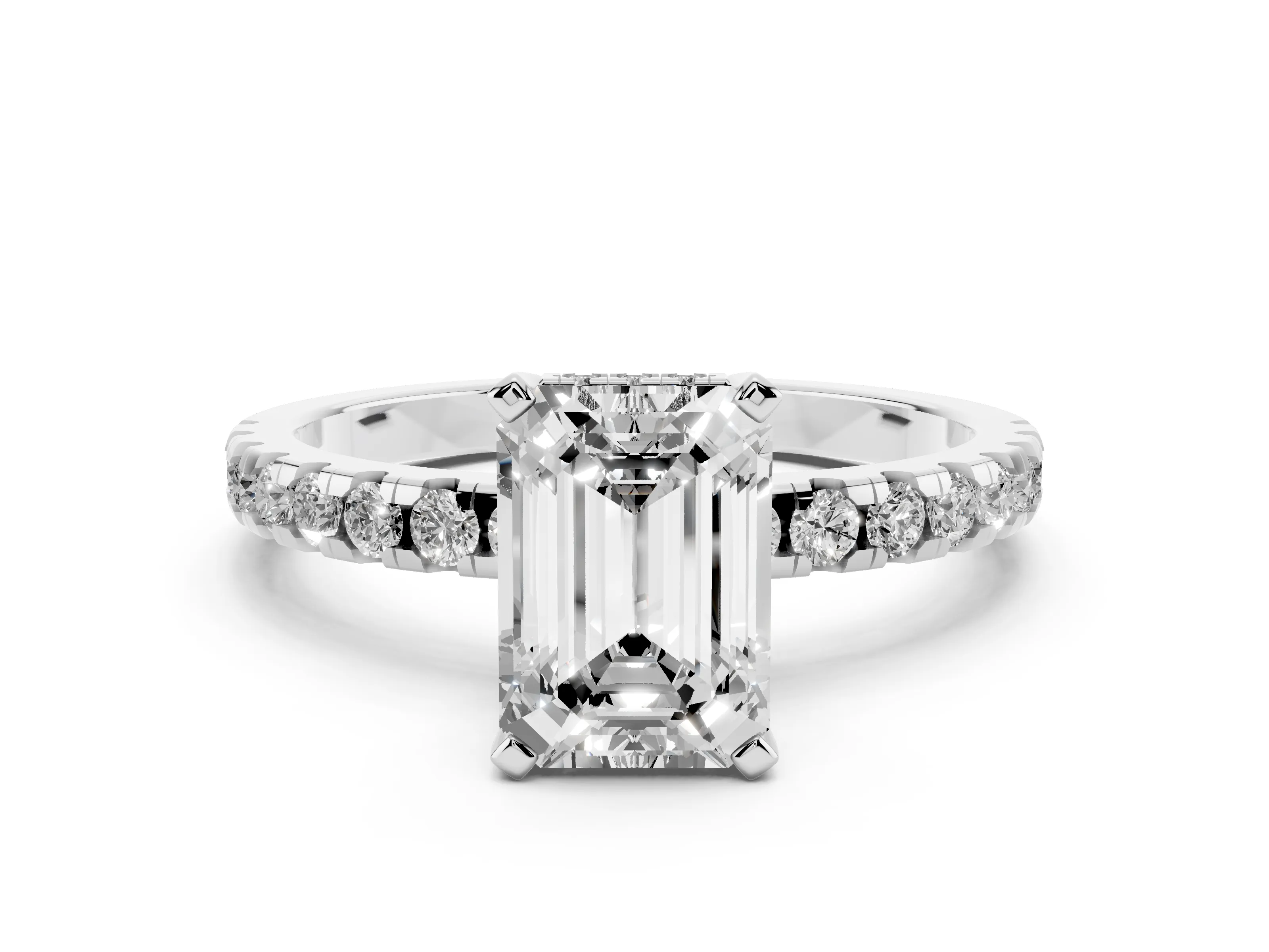 Emerald Cut Diamond Pavé Solitaire Ring Set in Platinum with Round Band Accents and Prong Setting