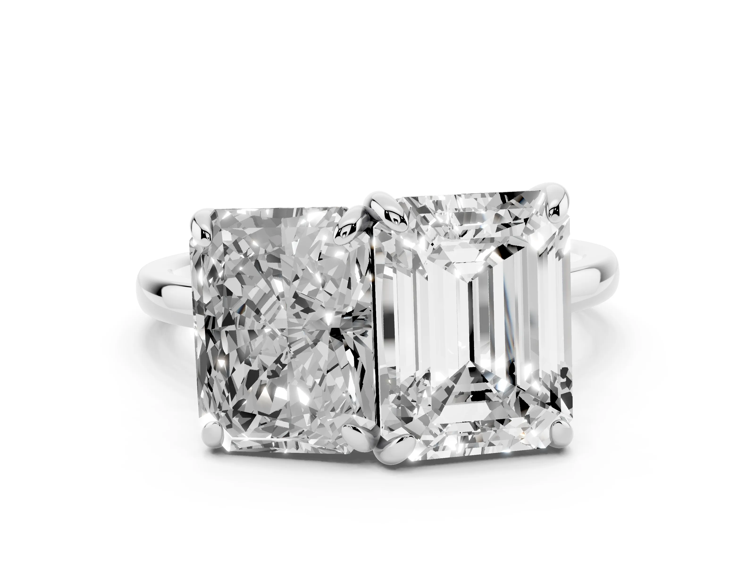 Emerald and Radiant Toi Moi Ring Set in Silver with Prong Setting and Plain Band
