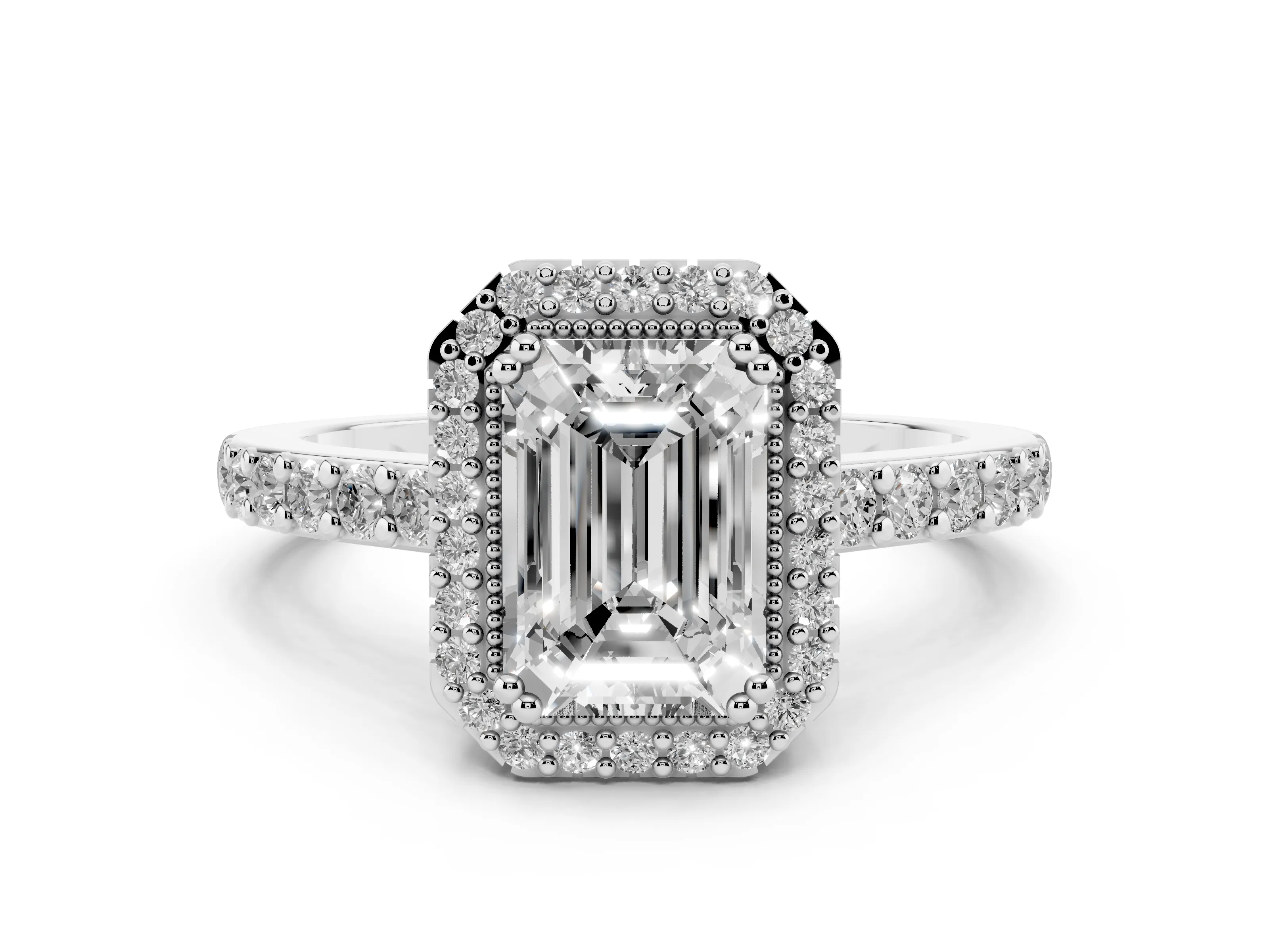 Emerald Cut Diamond Halo Engagement Ring Set in White gold with Milgrain Detail and Pavé Band