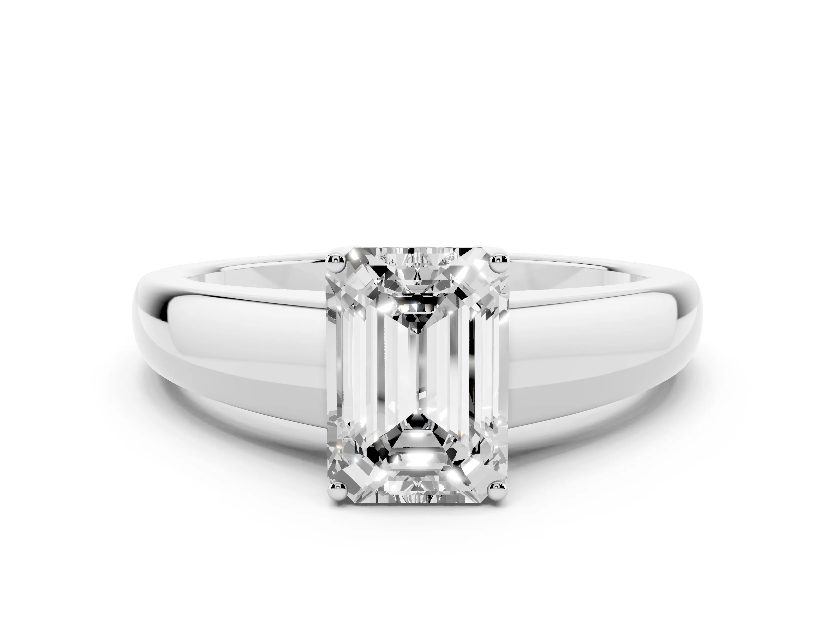 Emerald Cut Diamond Solitaire Ring Set in White gold with Tapered Band and Prong Setting