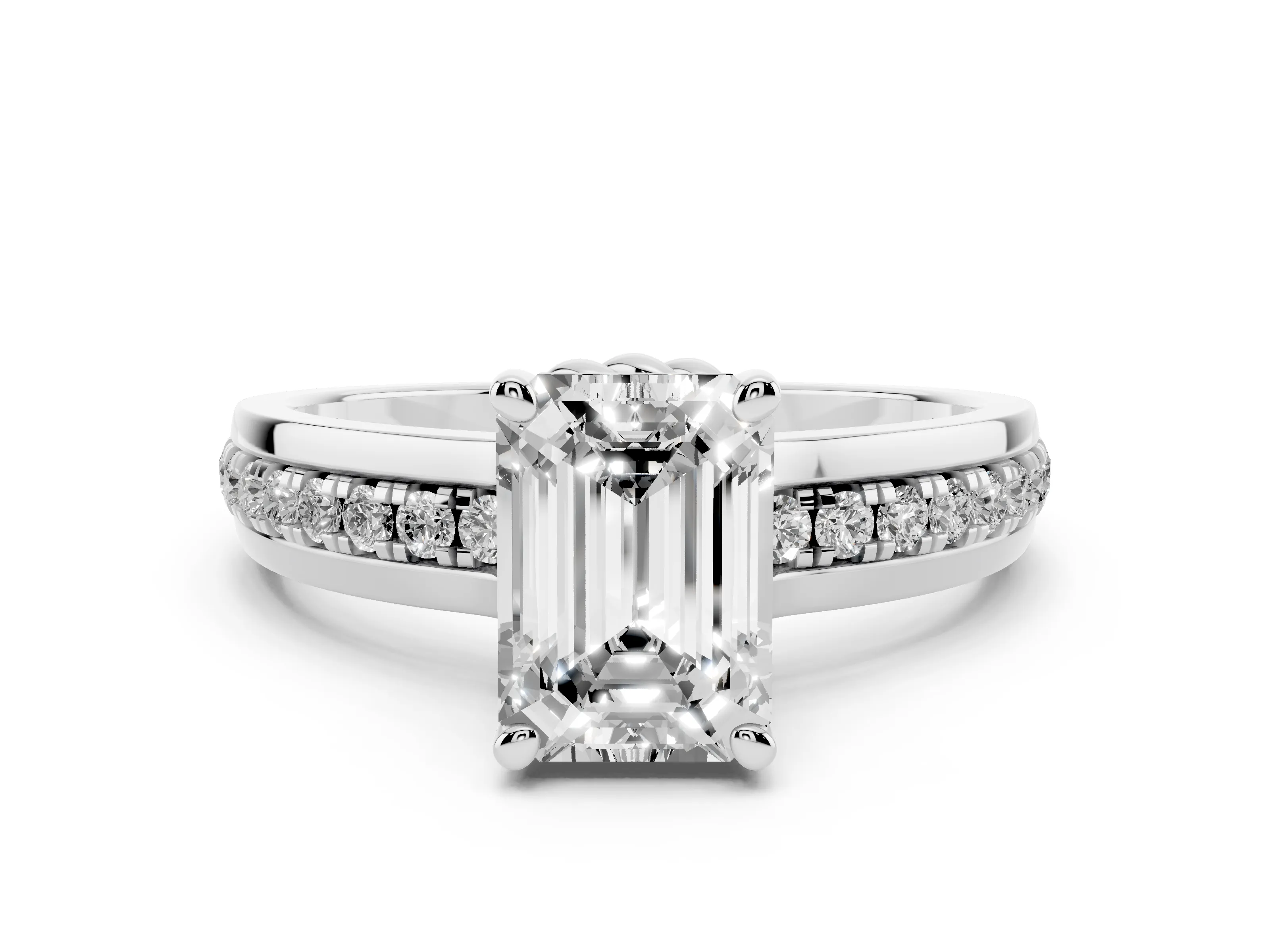 Emerald Cut Diamond Solitaire Ring Set in White gold with Channel Set Band and Prong Setting
