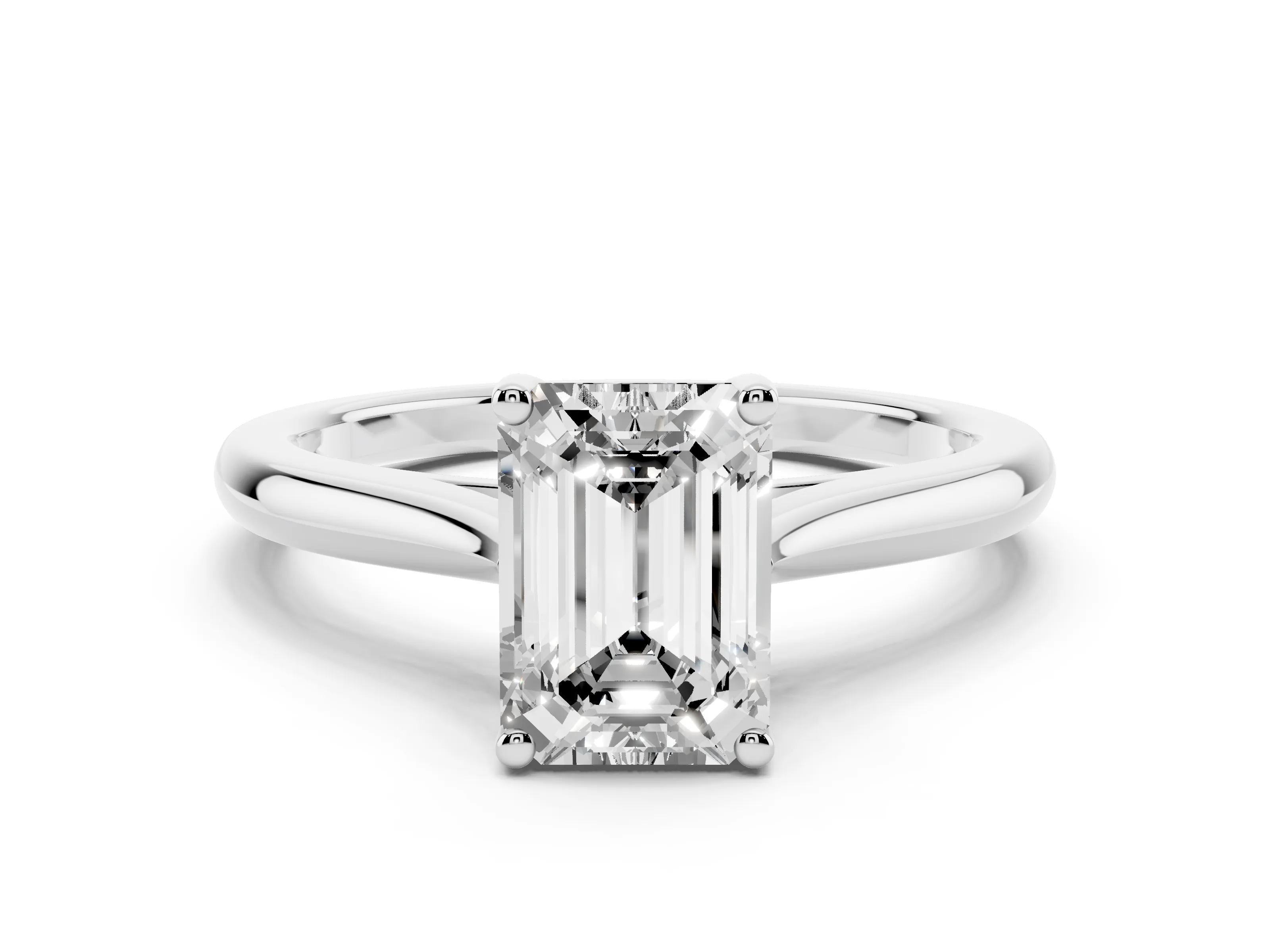 Emerald Cut Diamond Solitaire Ring Set in White gold with Cathedral Band and Prong Setting