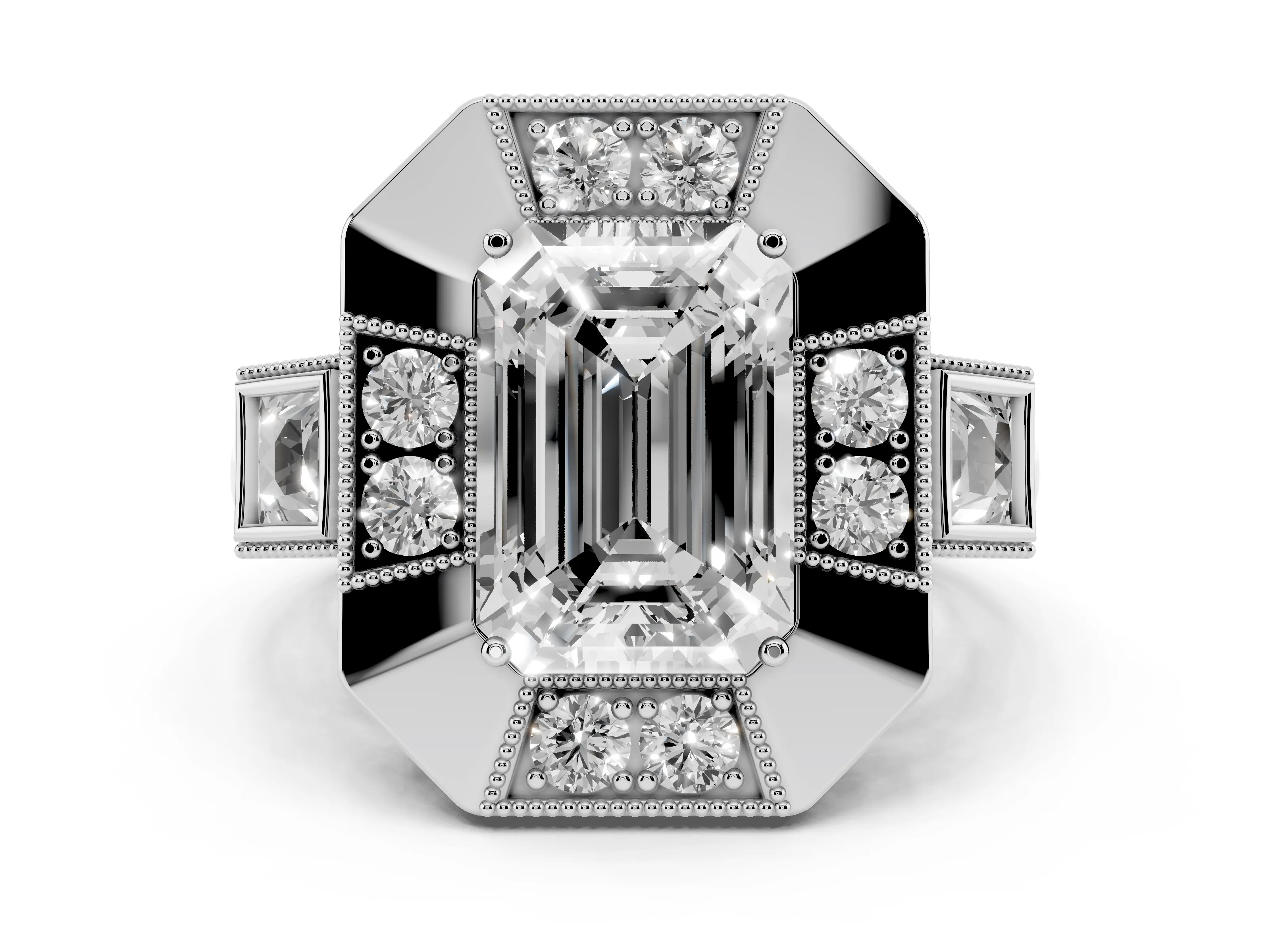 Emerald Cut Diamond Milgrain Halo Ring Set in Platinum with Split Shank