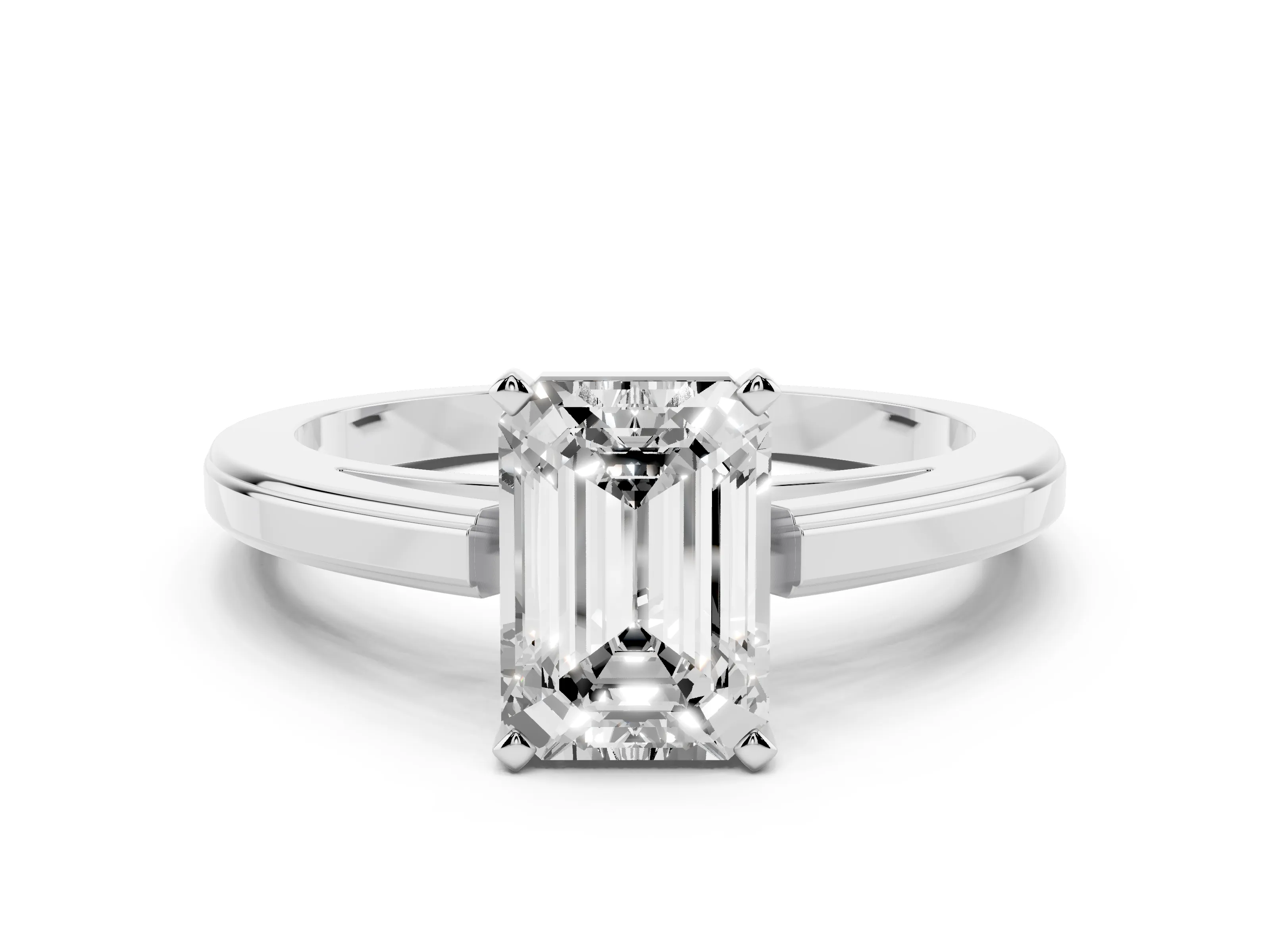 Emerald Cut Diamond Solitaire Ring Set in White gold with Prong Setting and Classic Band