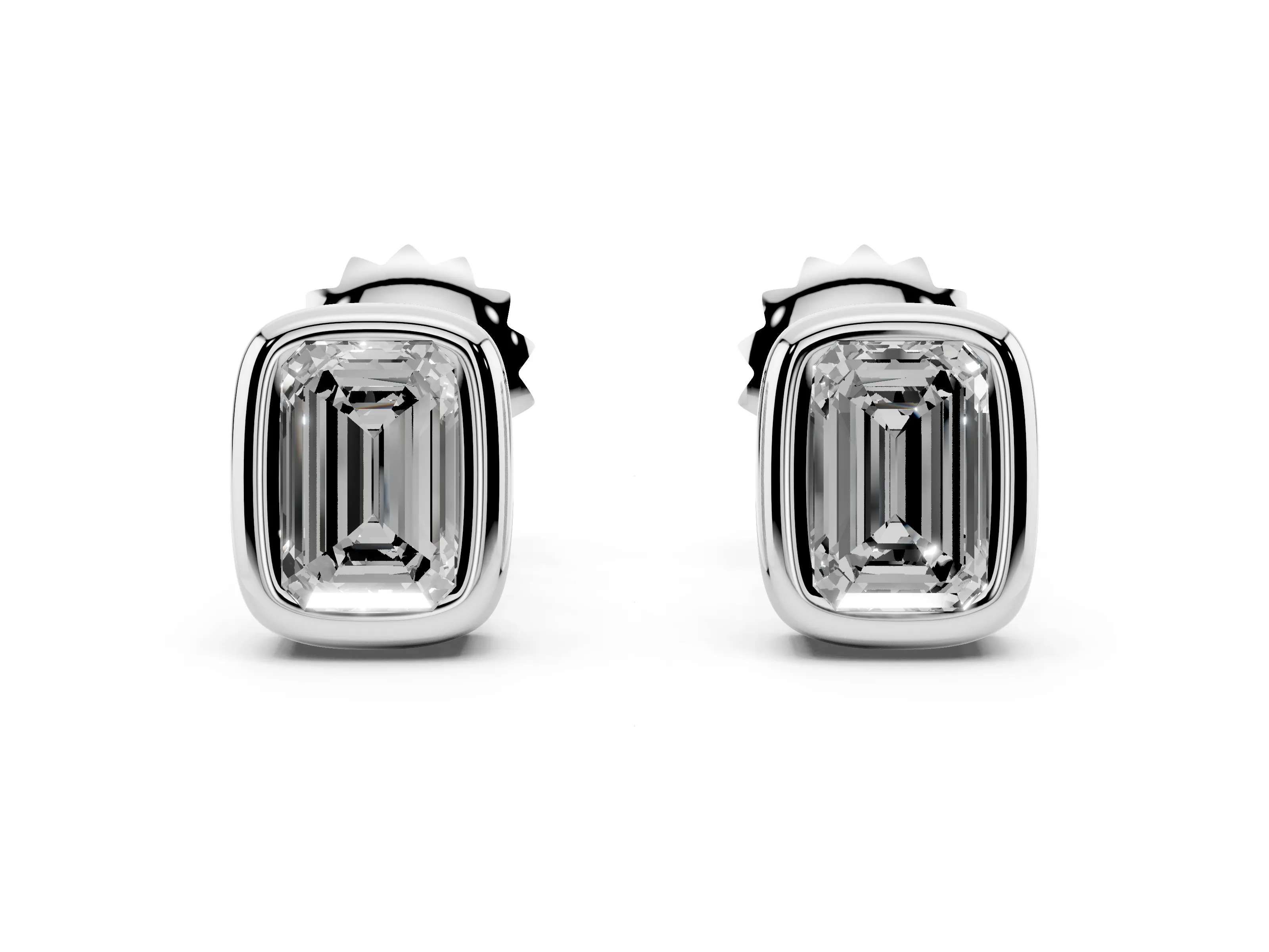 Emerald Cut Lab-Grown Diamond Bezel Solitaire Stud Earrings | Polished Rim | White Gold