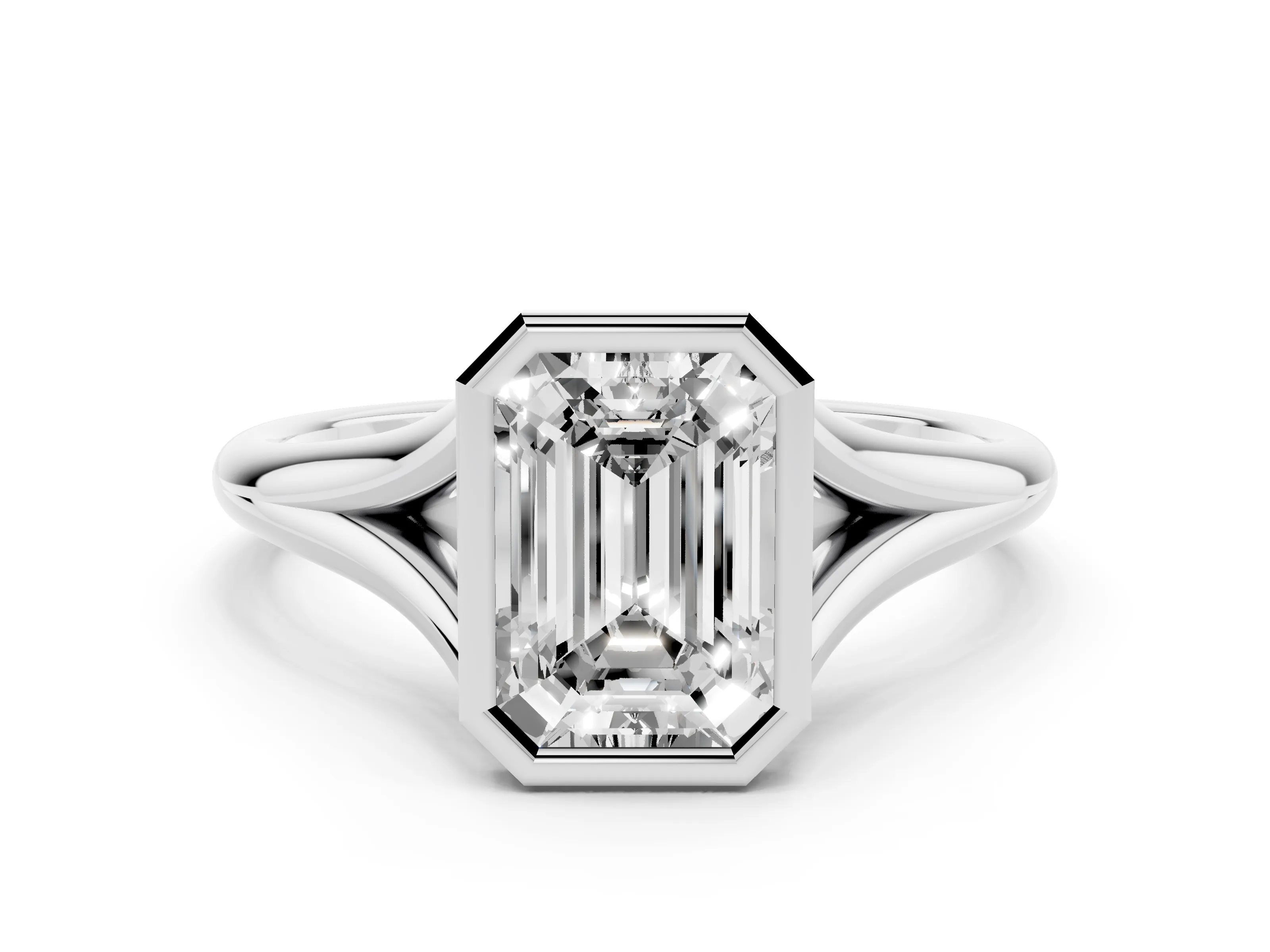 Bezel Set Emerald Cut Diamond Solitaire Ring Set in Platinum with Tapered Band