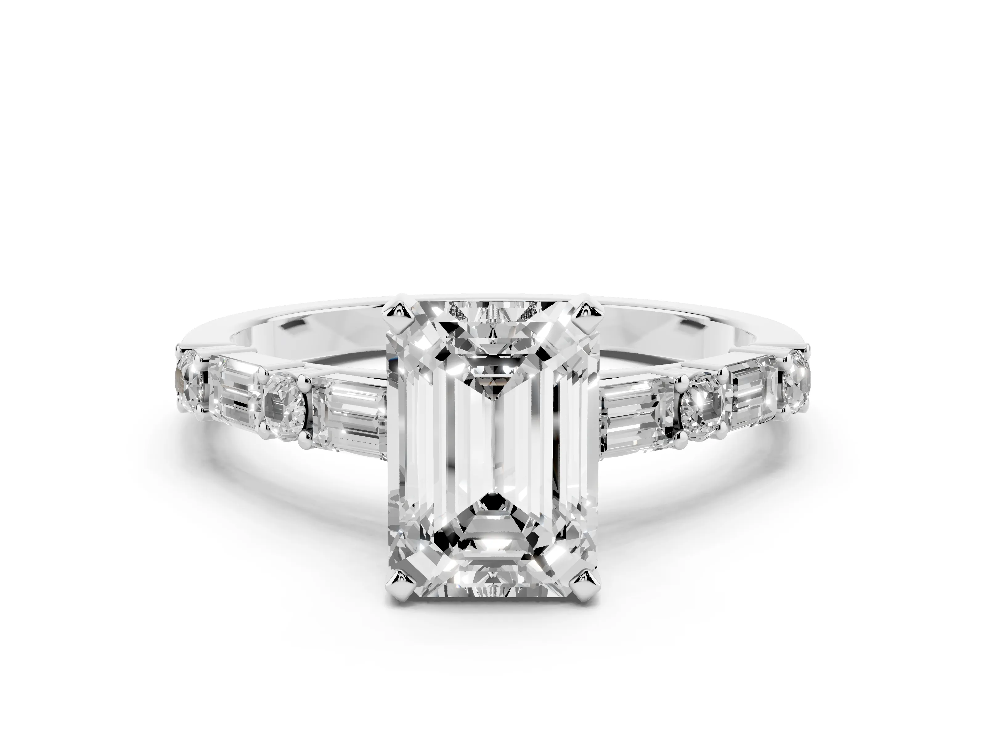 Emerald Cut Diamond Solitaire Set in Platinum with Side Baguettes and Channel Set Band