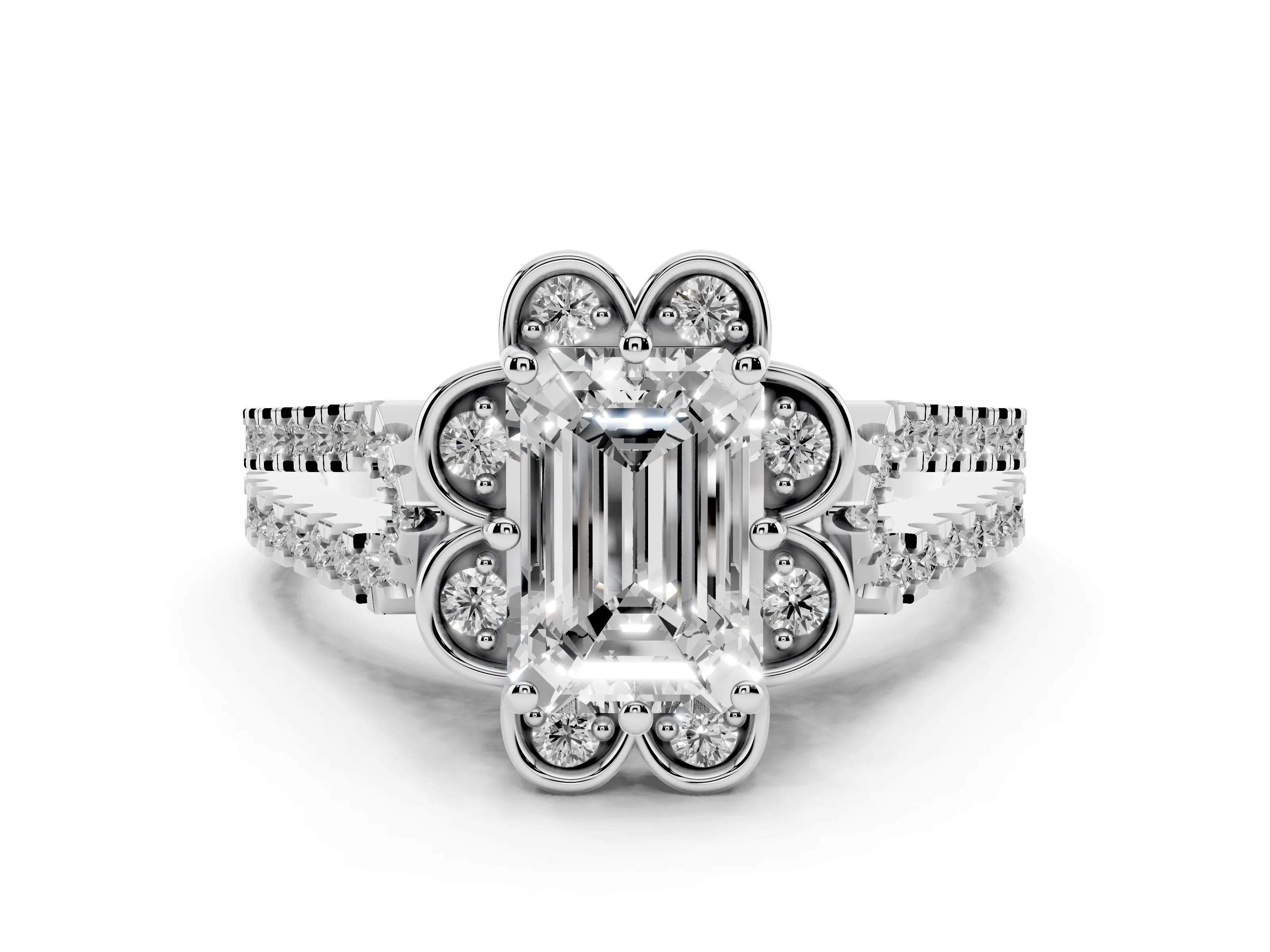 Emerald Cut Diamond Floral Halo Split Shank Engagement Ring Set in Platinum with Pavé Shank
