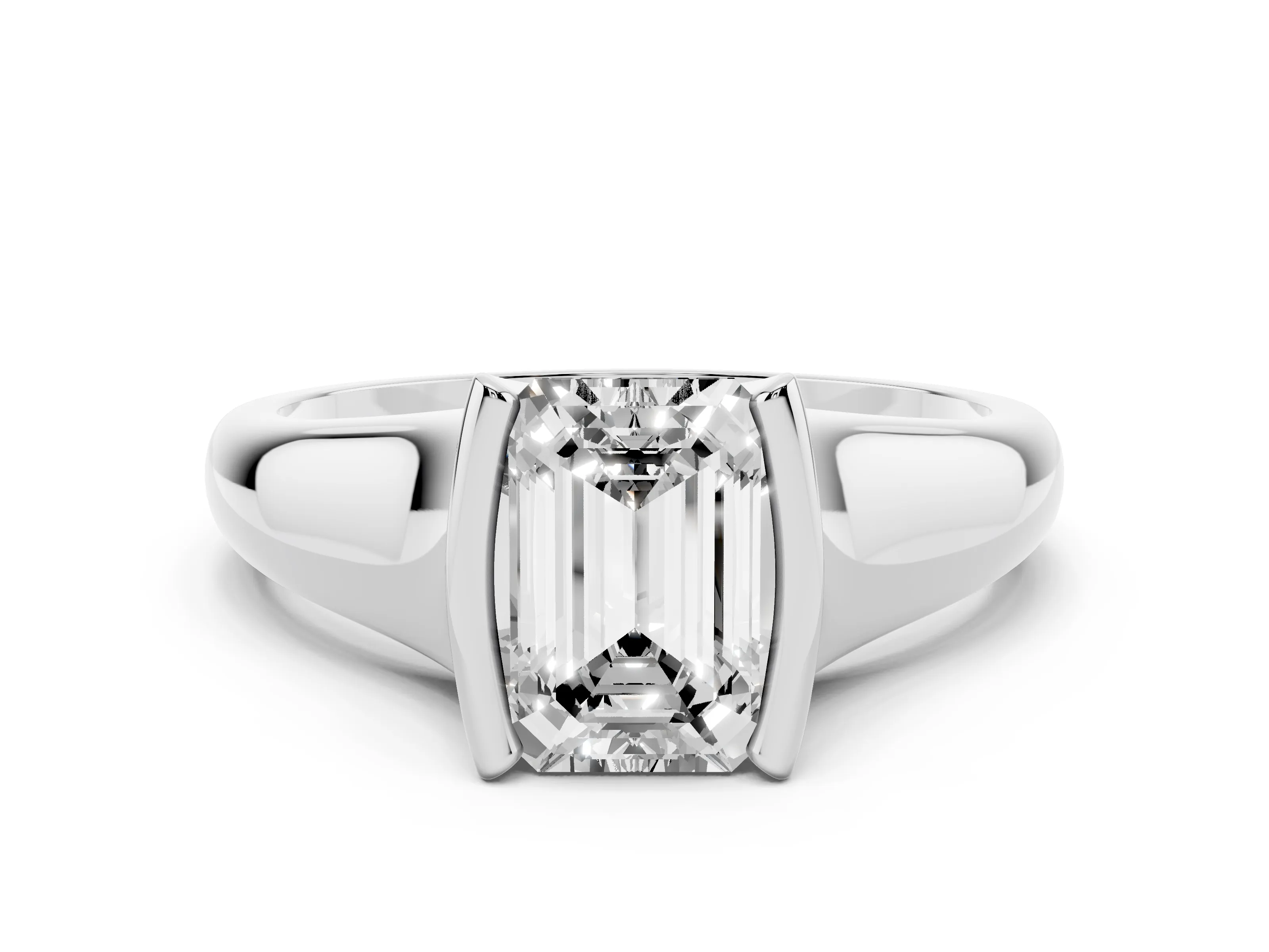 Emerald Cut Diamond Solitaire Tension Set Ring Set in White gold with Split Shank Band