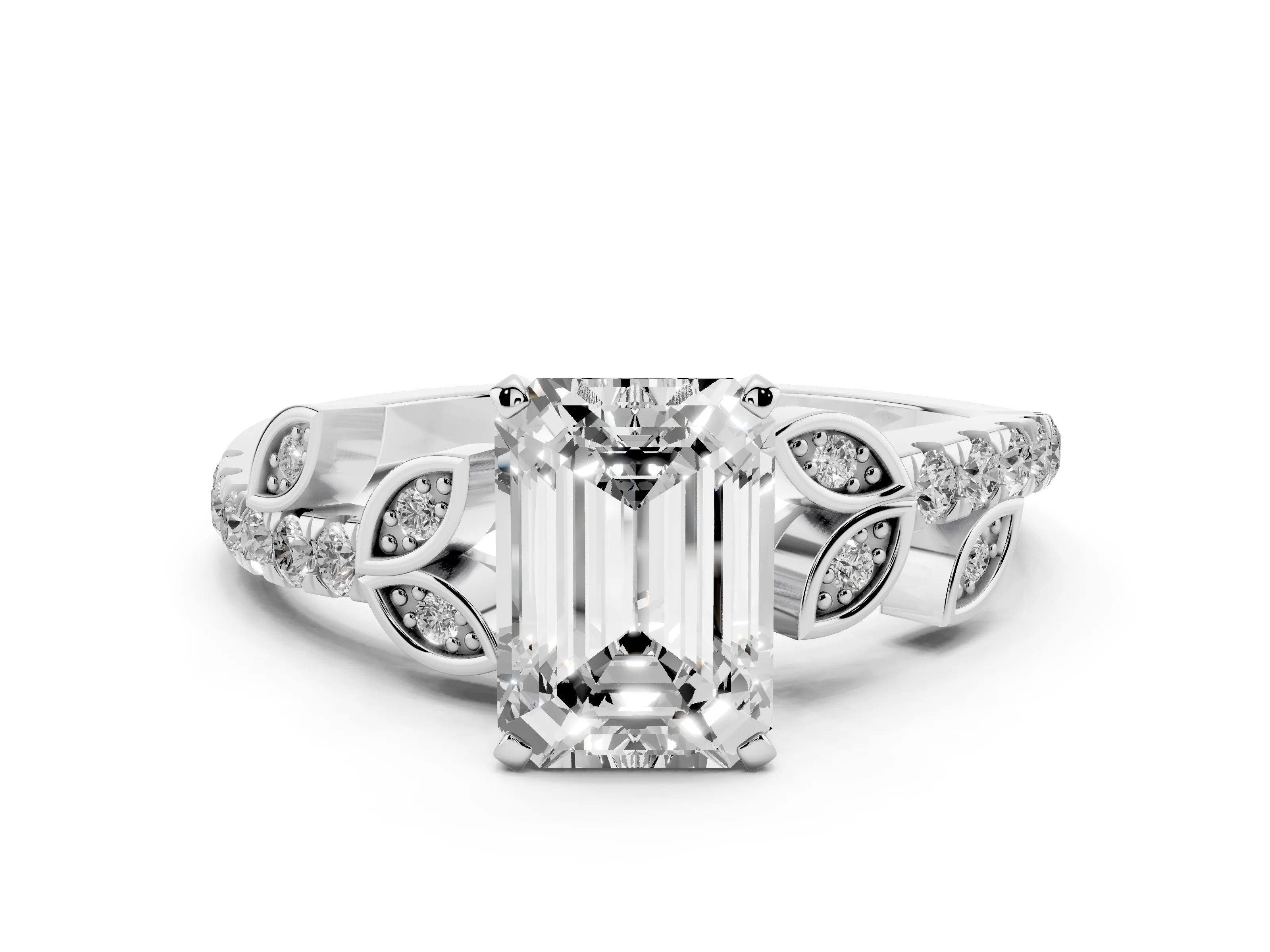 Emerald Cut Diamond Solitaire Leaf-Inspired Ring Set in White gold with Pavé Band and Prong Setting