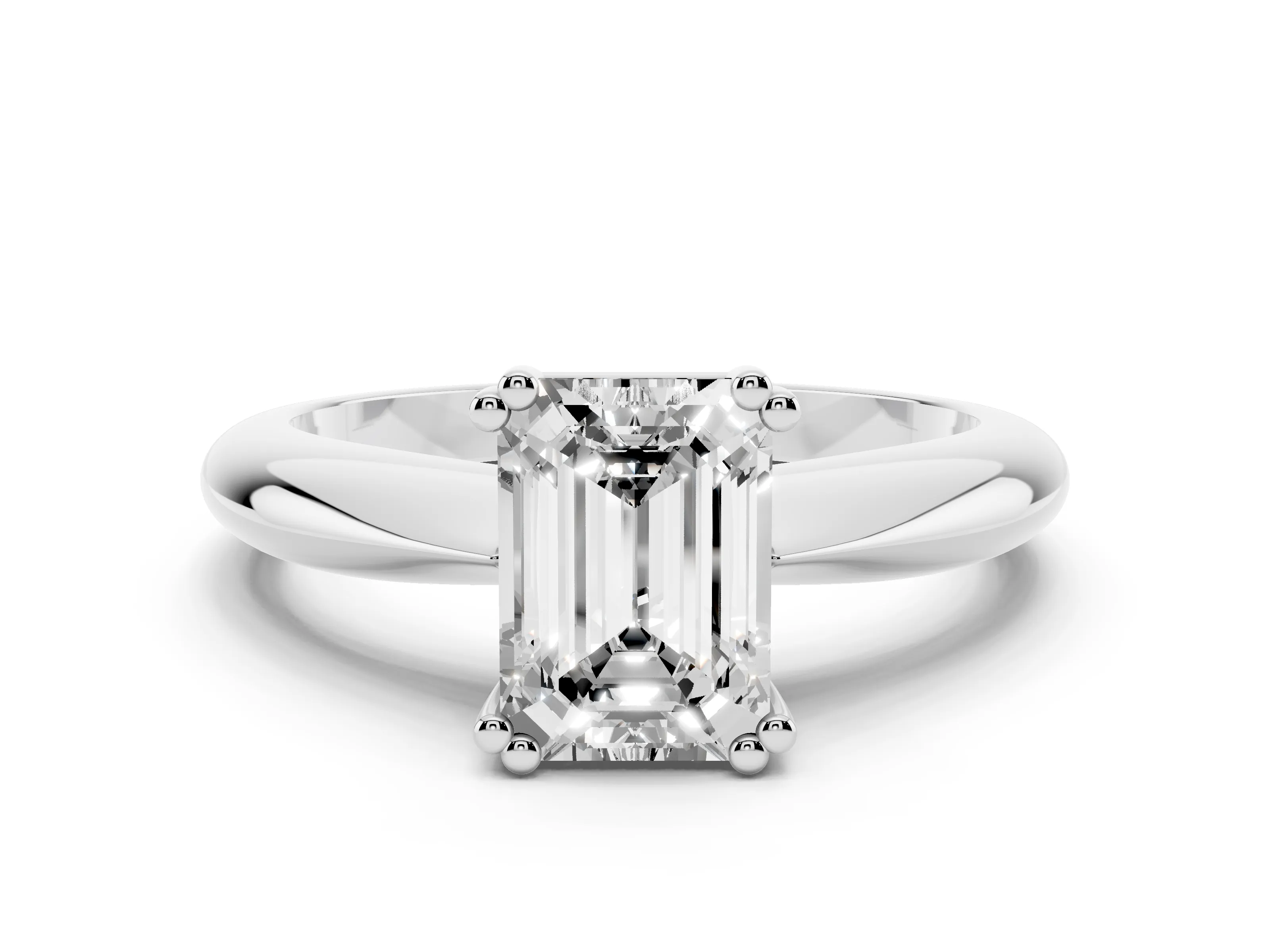 Emerald Cut Diamond Solitaire Engagement Ring Set in White gold with Tapered Band and Prong Setting