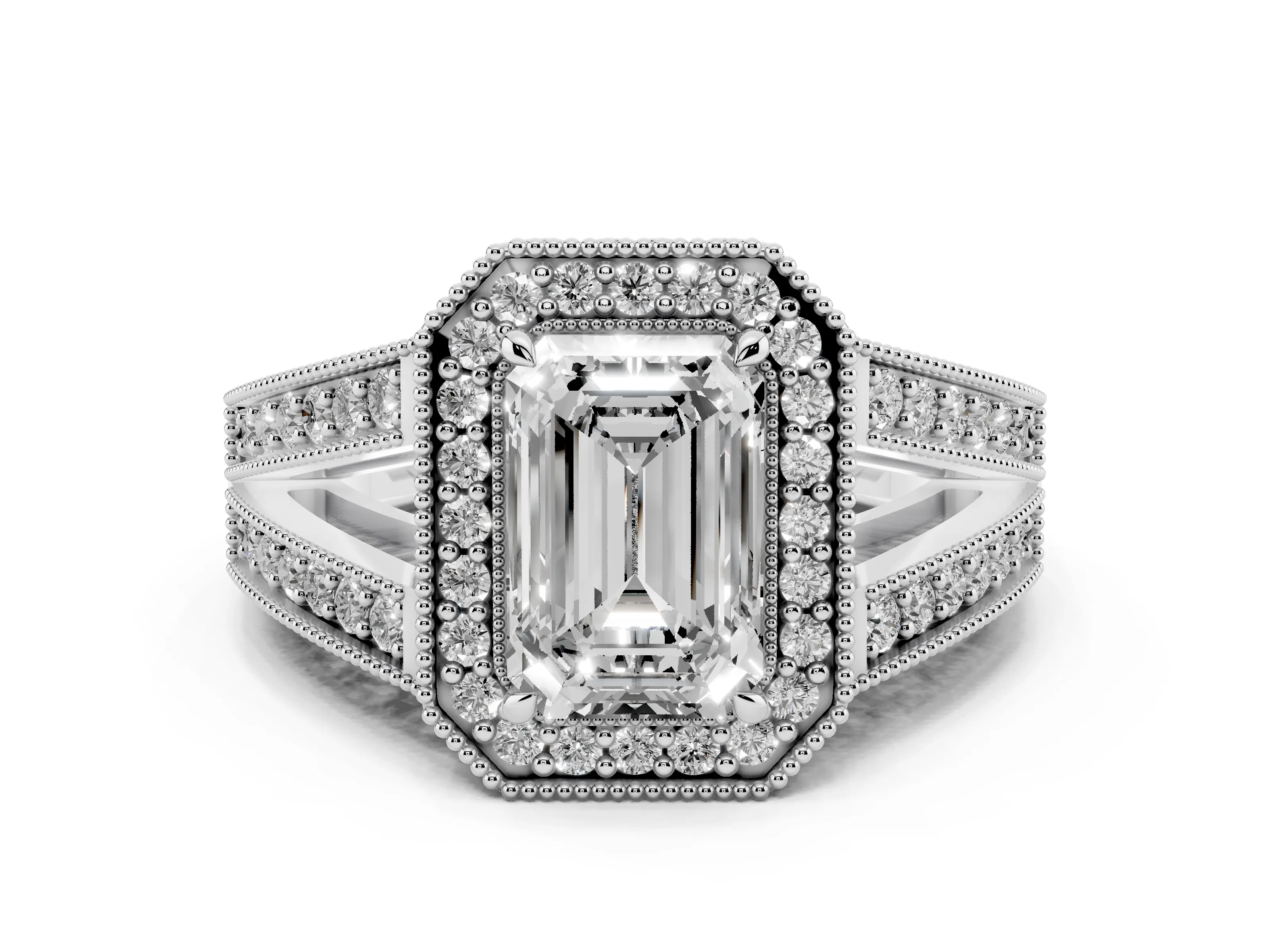 Emerald Cut Diamond Halo Ring Set in White gold with Stone-Set Split Shank and Milgrain Edges