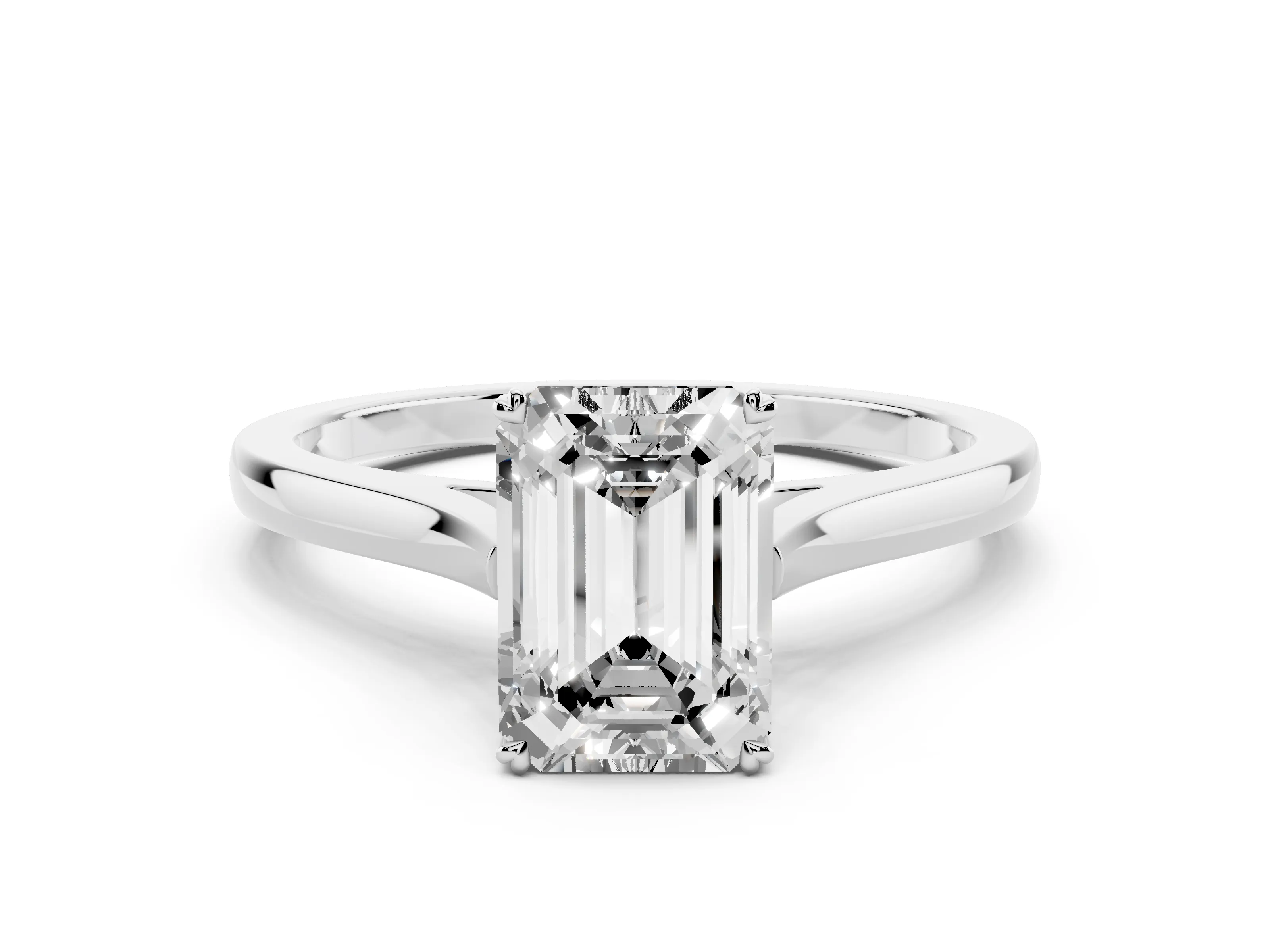Emerald Cut Diamond Solitaire Heart Prong Engagement Ring Set in Platinum with Tapered Band