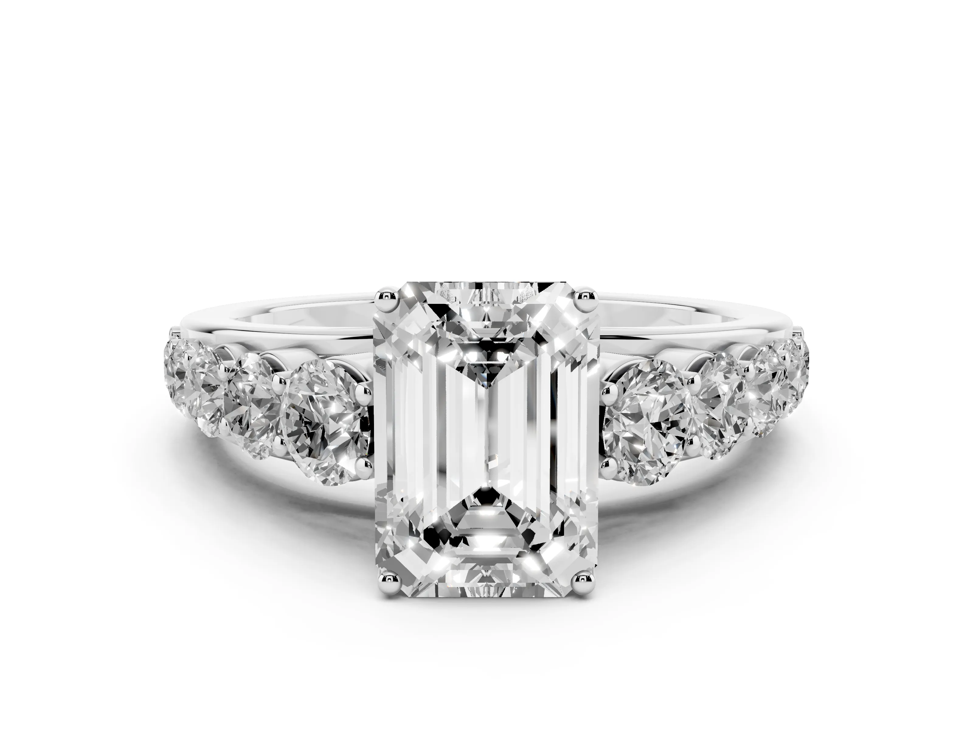 Emerald Cut Diamond Solitaire Ring Set in White gold with Pavé-Set Band and Prong Setting