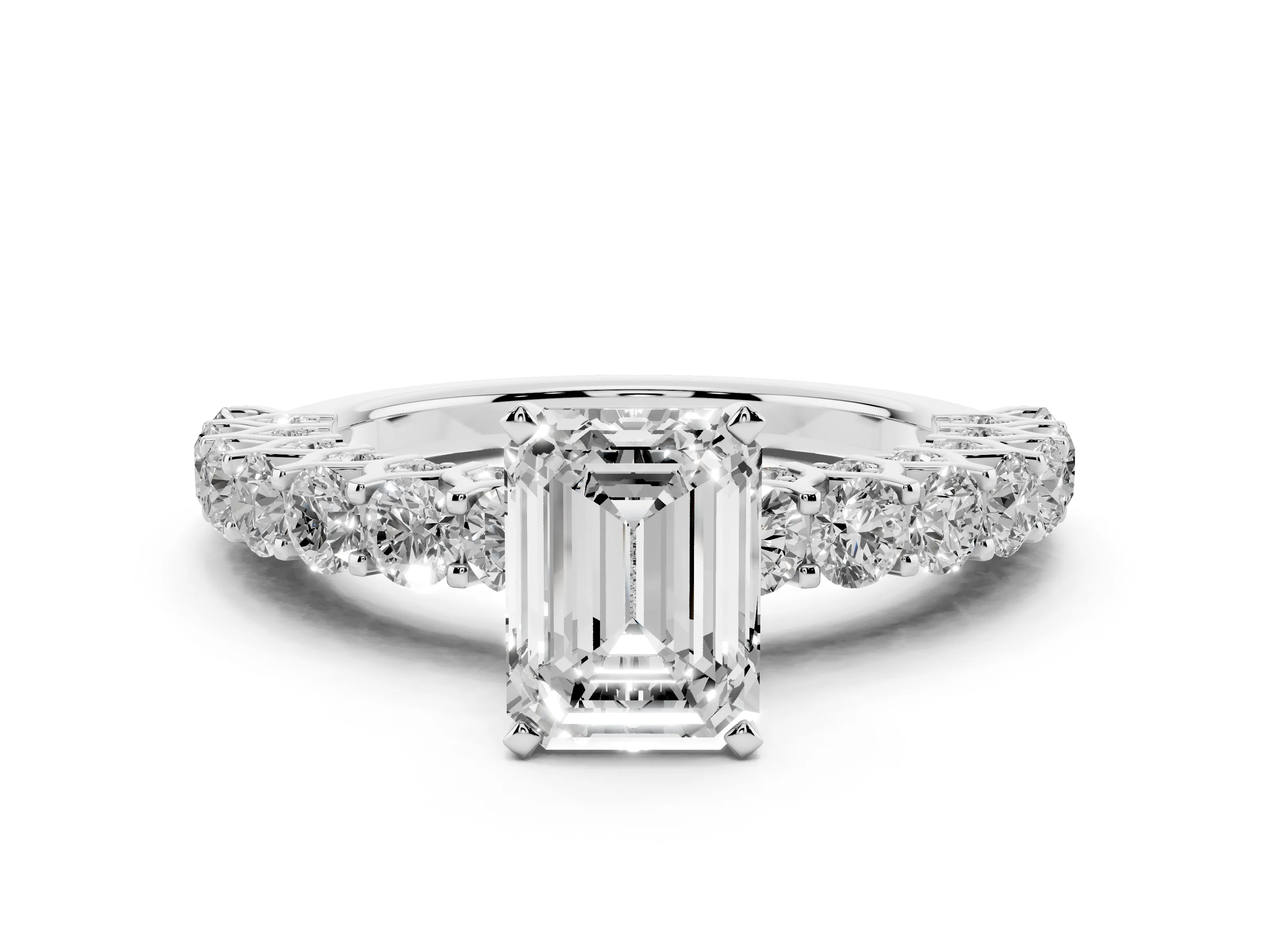 Emerald Cut Diamond Solitaire Ring Set in Platinum with Shared Prong Pavé Band