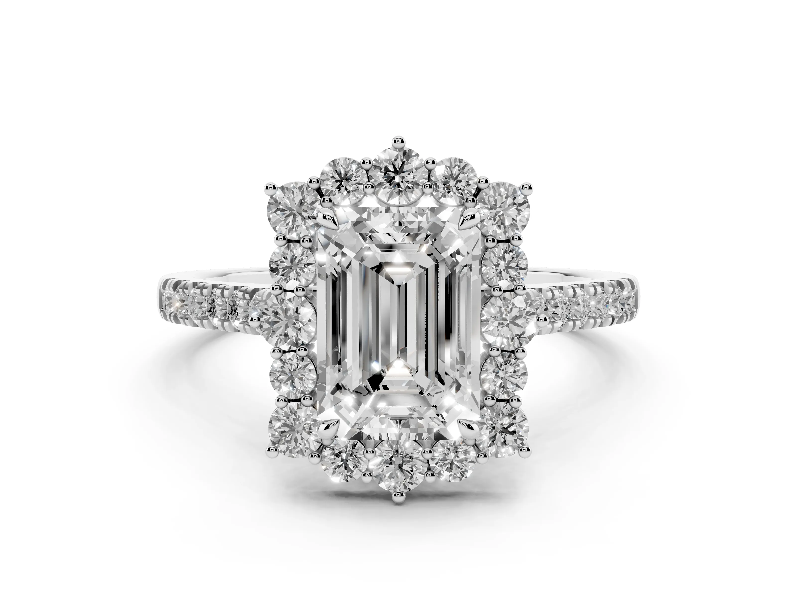 Emerald Cut Diamond Halo Ring Set in Silver with Pavé Band and Prong Setting