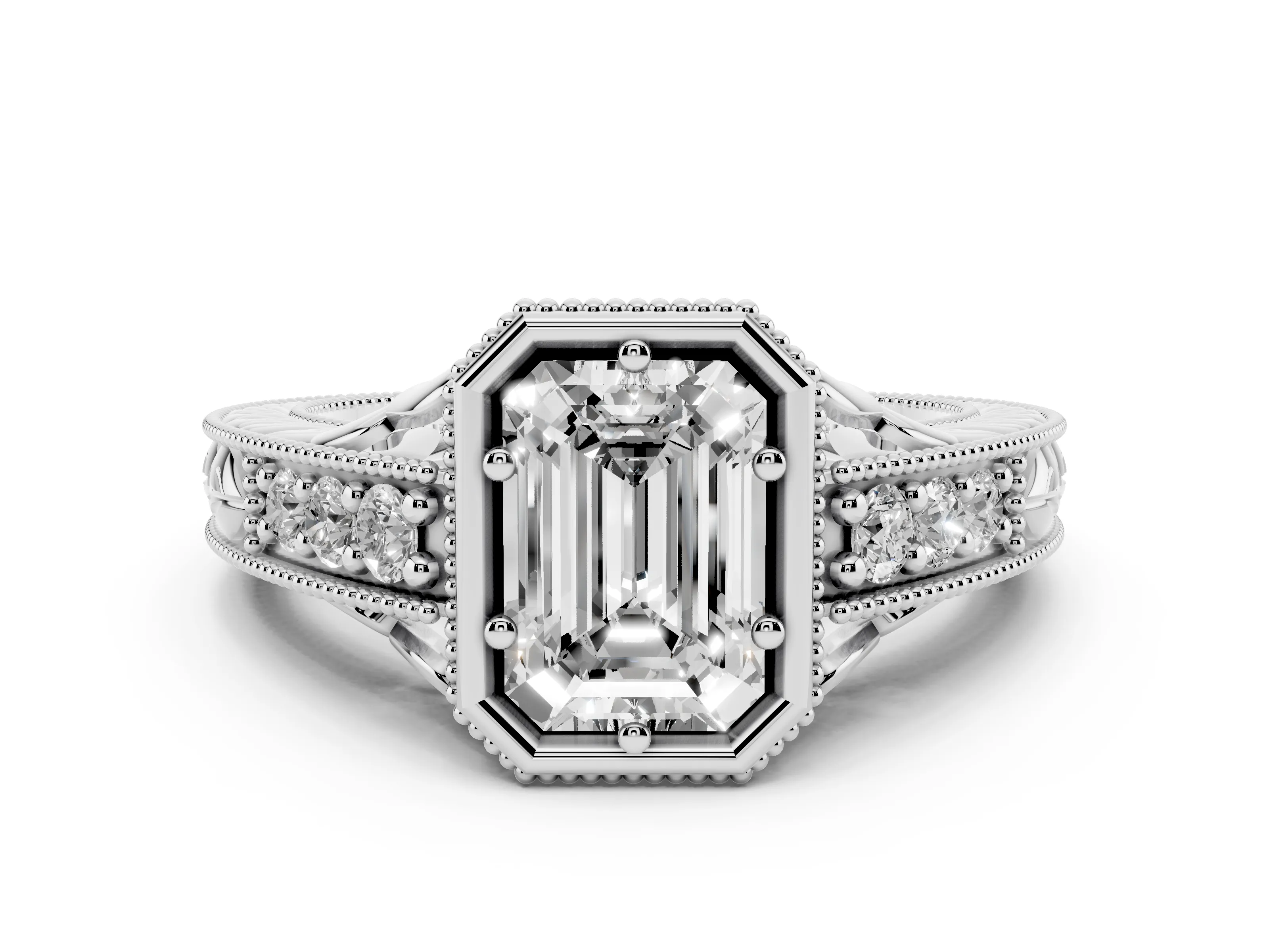 Bezel Set Emerald Cut Diamond Milgrain Pavé Engagement Ring Set in White gold