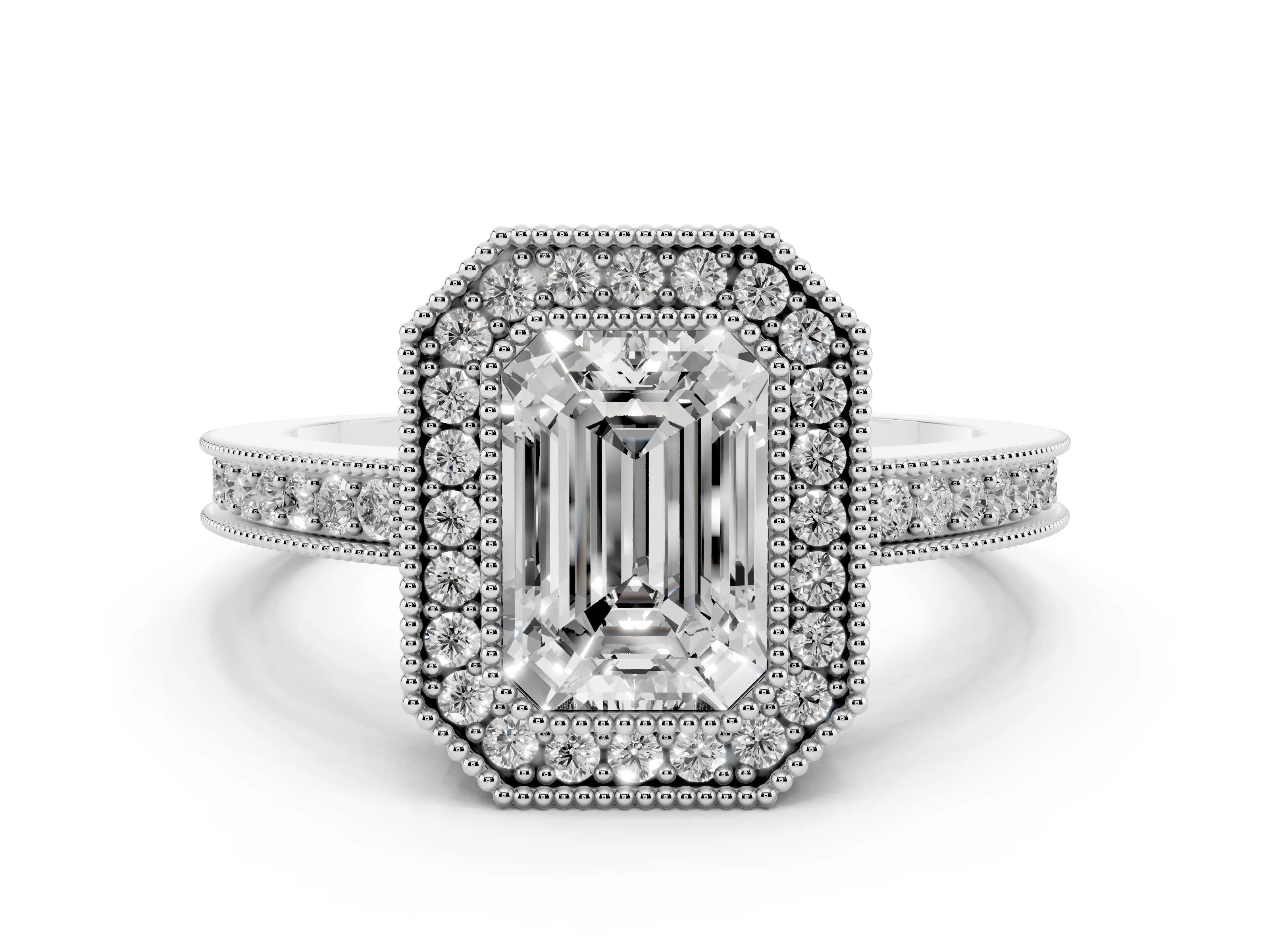 Emerald Cut Diamond Round Halo Ring Set in White gold with Pavé Band