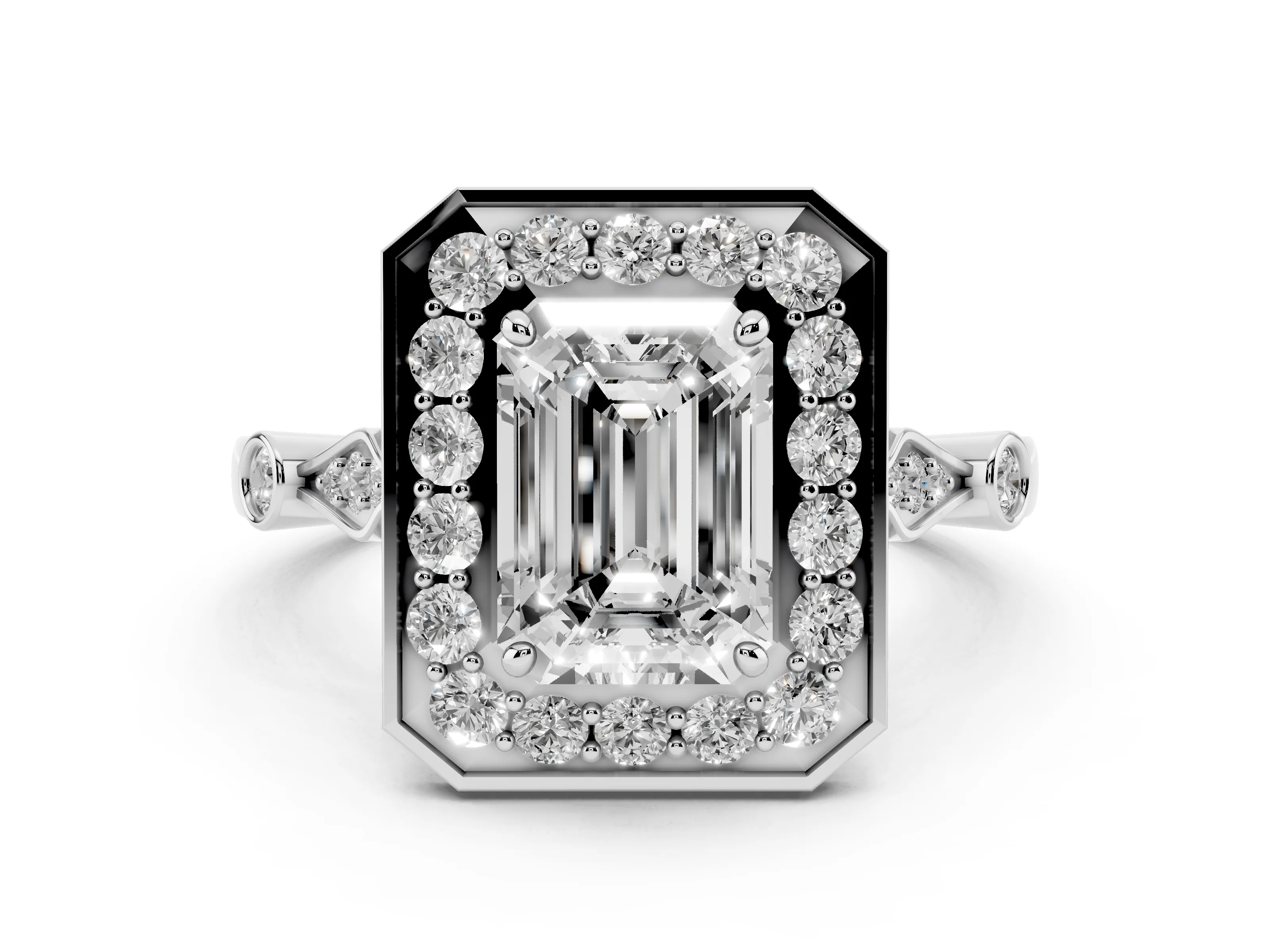 Emerald Cut Diamond Halo Engagement Ring Set in Platinum with Twisted Band and Prong Setting