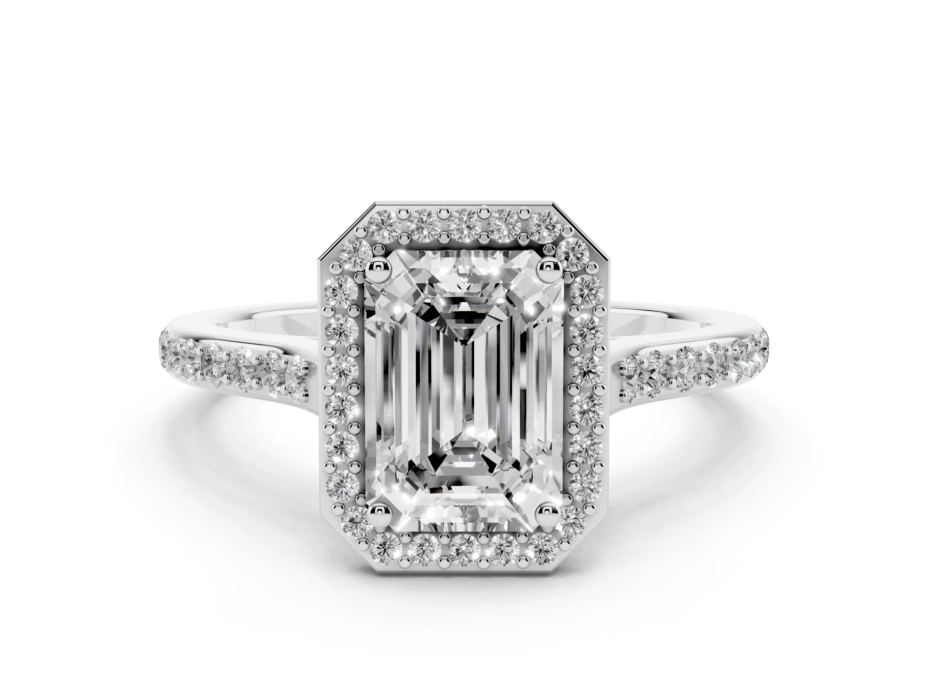 Emerald Cut Diamond Halo Engagement Ring Set in Platinum with Round Pavé Shoulders and Heart Gallery