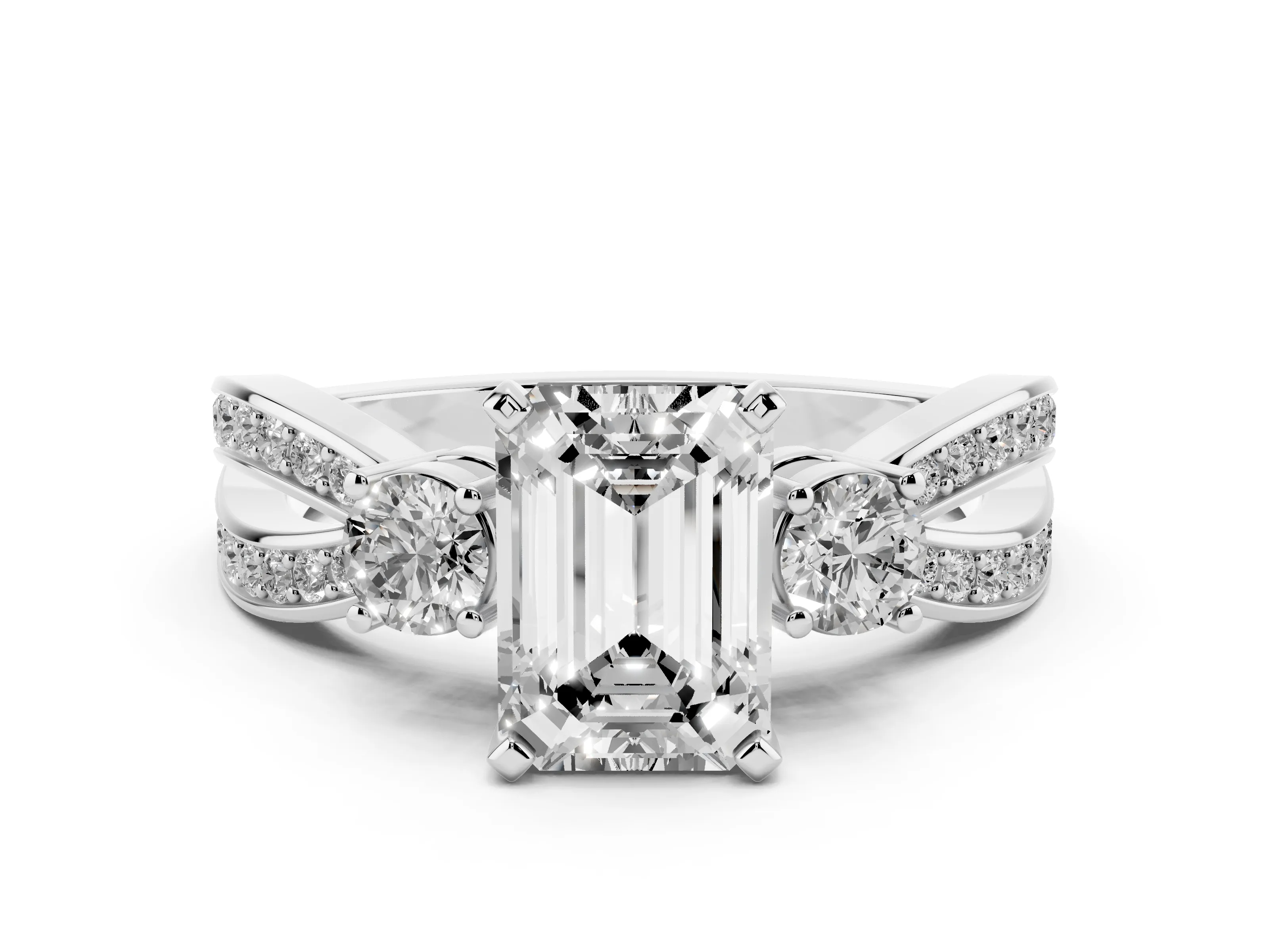 Three-Stone Emerald Cut Diamond Twist Band Ring Set in White gold with Pavé Accents and Prong Setting