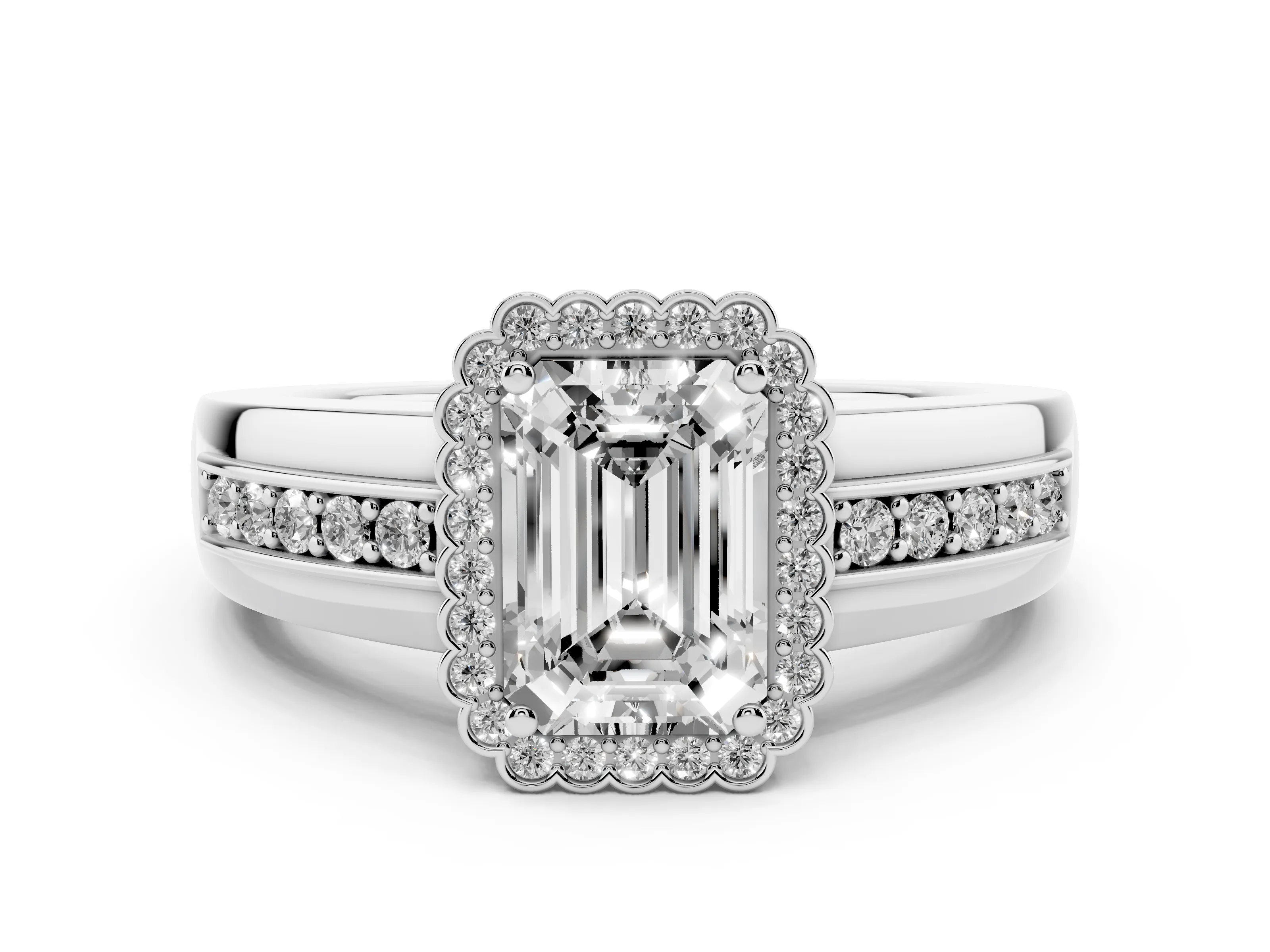Emerald Cut Diamond Halo Prong Ring Set in White gold with Pavé Band