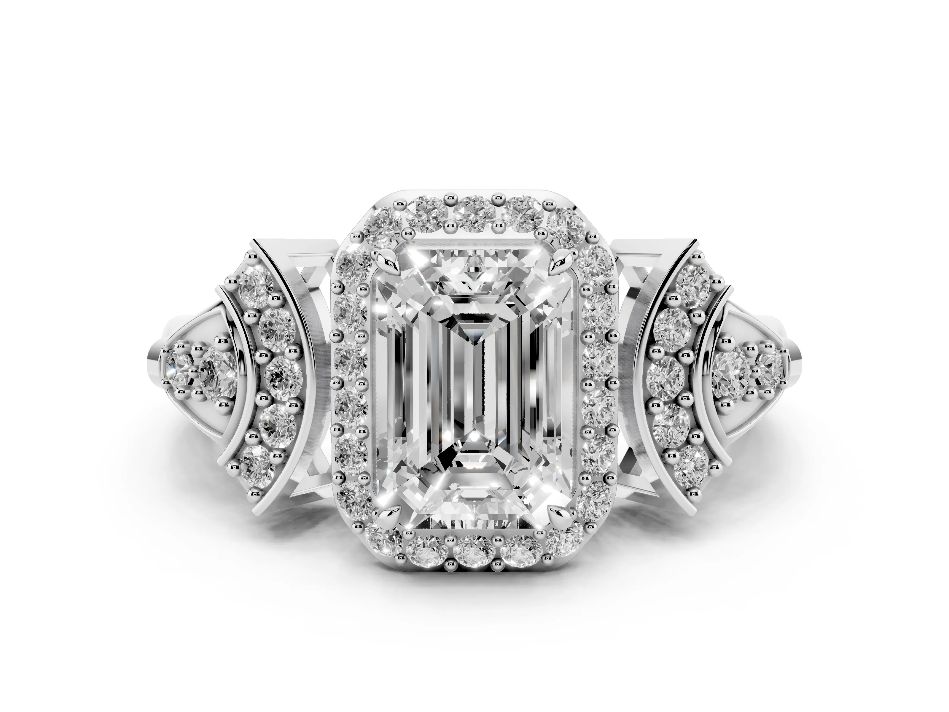 Emerald Cut Diamond Halo Engagement Ring Set in White gold with Accent Stone Split Shank