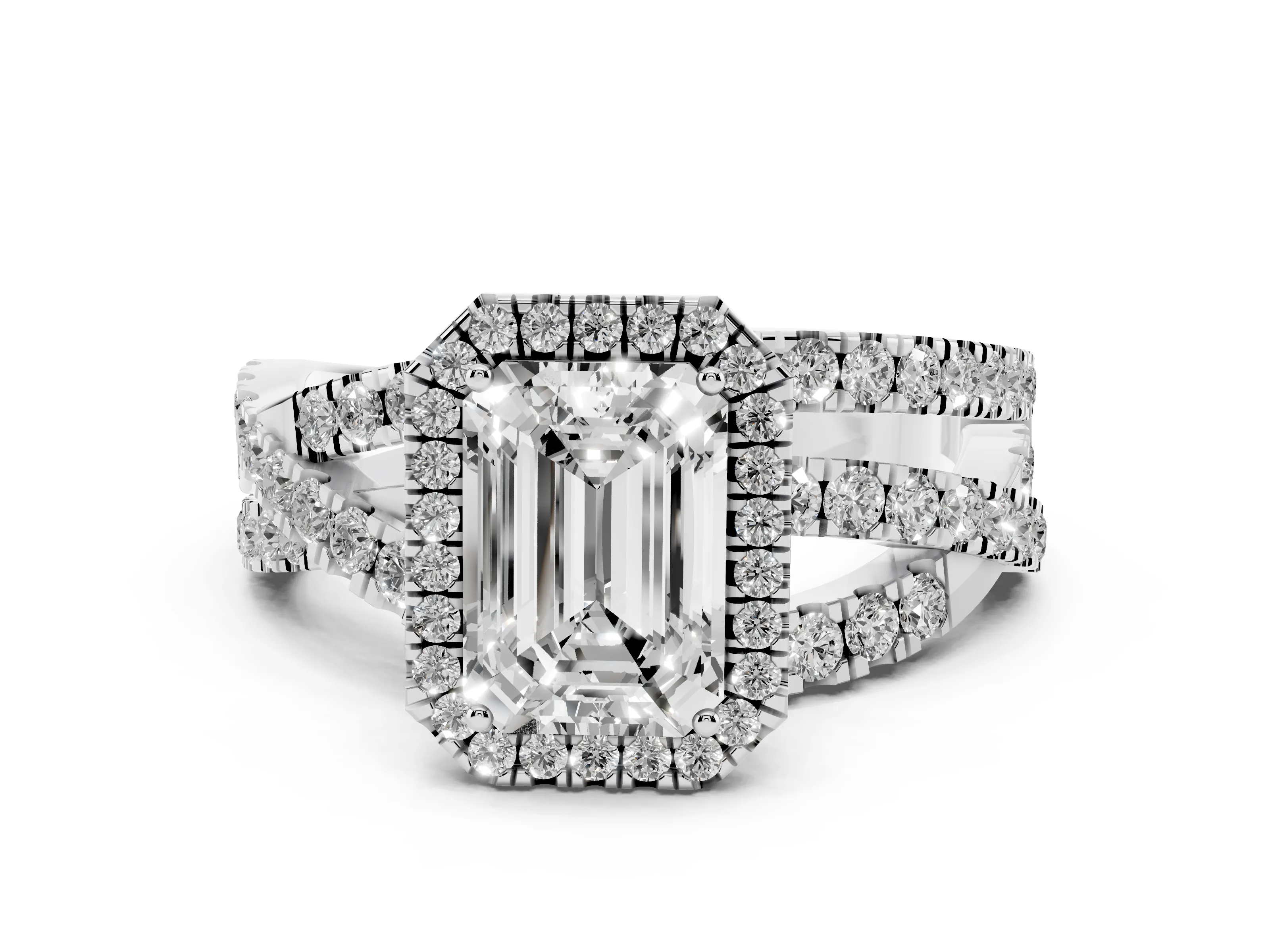 Emerald Cut Diamond Halo Ring Set in Platinum with Round Crossover Split Shank and Prong Setting