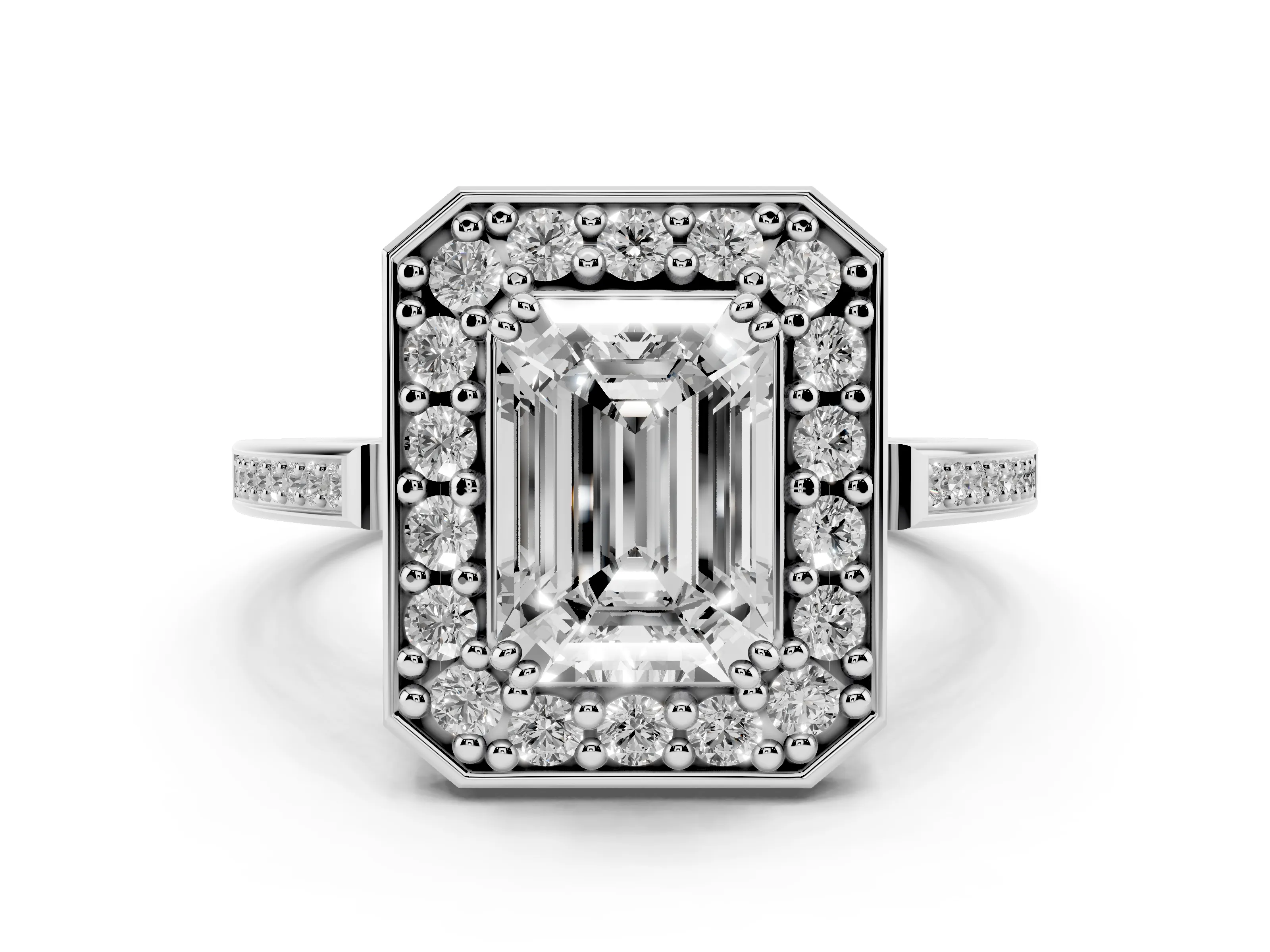 Emerald Cut Diamond Halo Ring Set in White gold with Accent-Lined Split Shank and Prong Setting