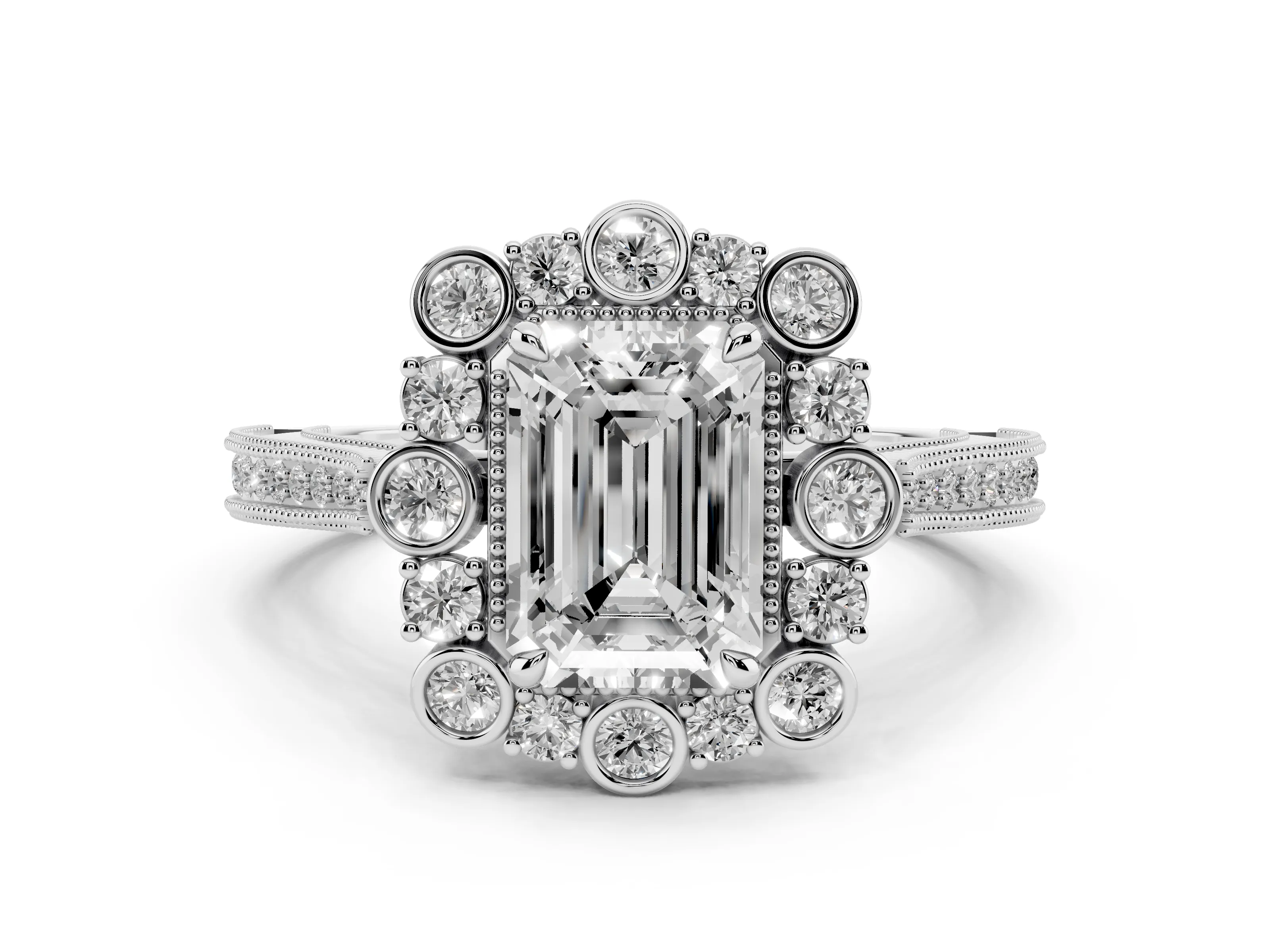 Emerald Cut Diamond Halo Milgrain Pavé Ring Set in White gold with Prong Setting