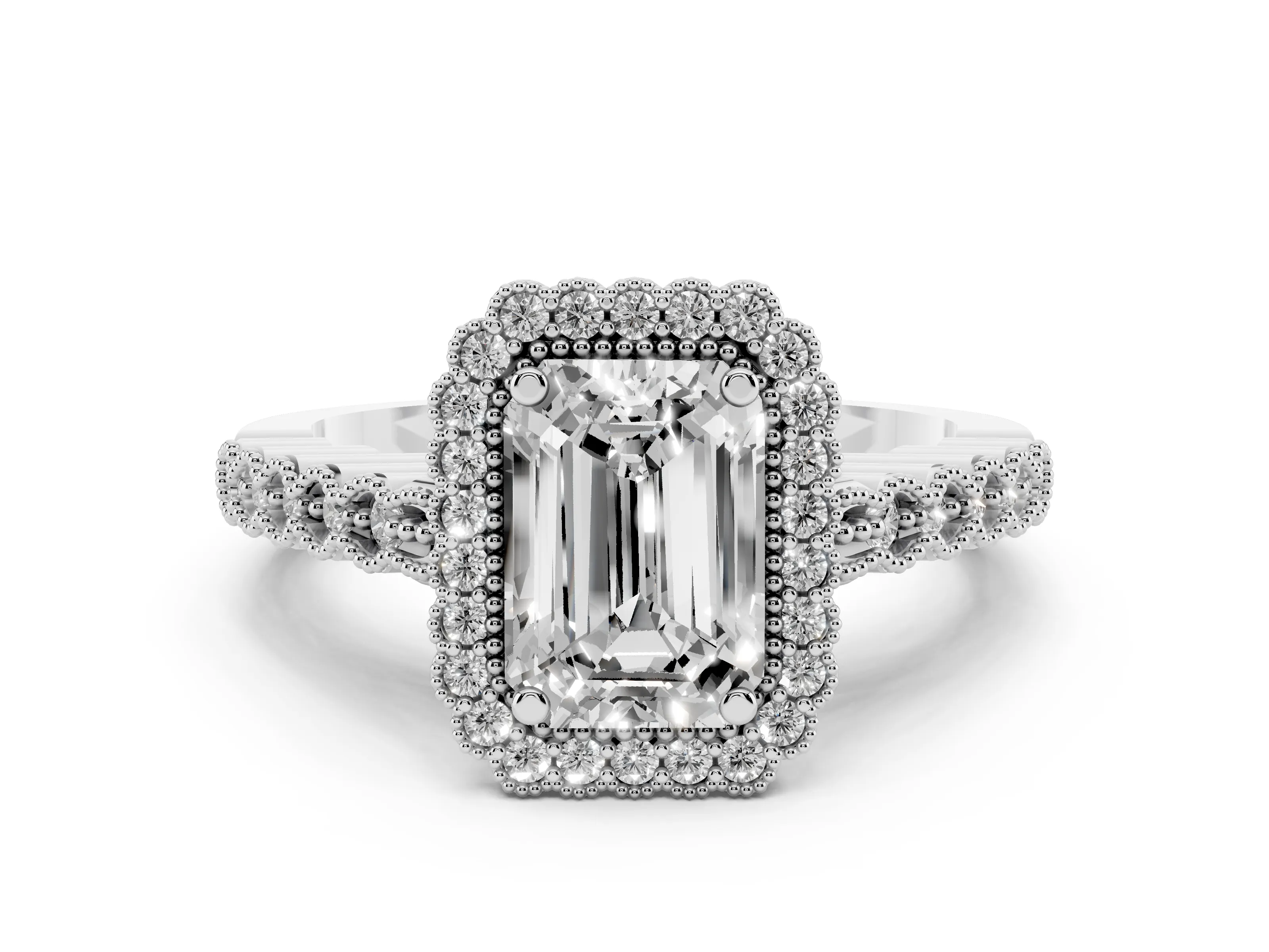 Emerald Cut Diamond Halo Ring Set in Platinum with Pavé Milgrain Band