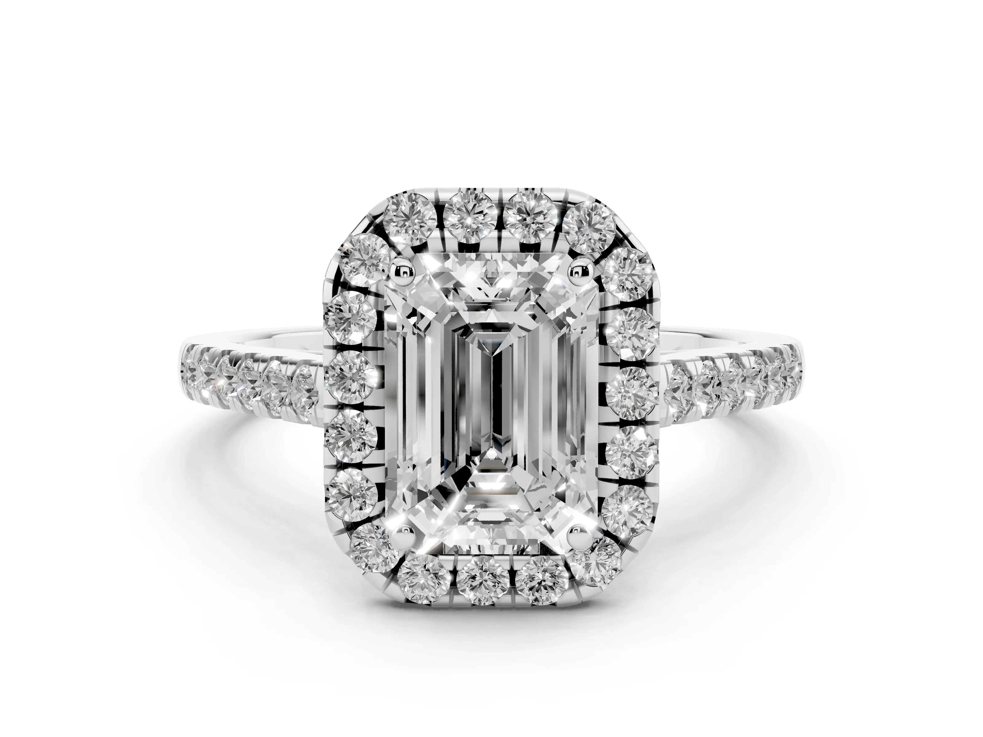 Emerald Cut Diamond Halo Pavé Engagement Ring Set in Platinum with Prong Setting