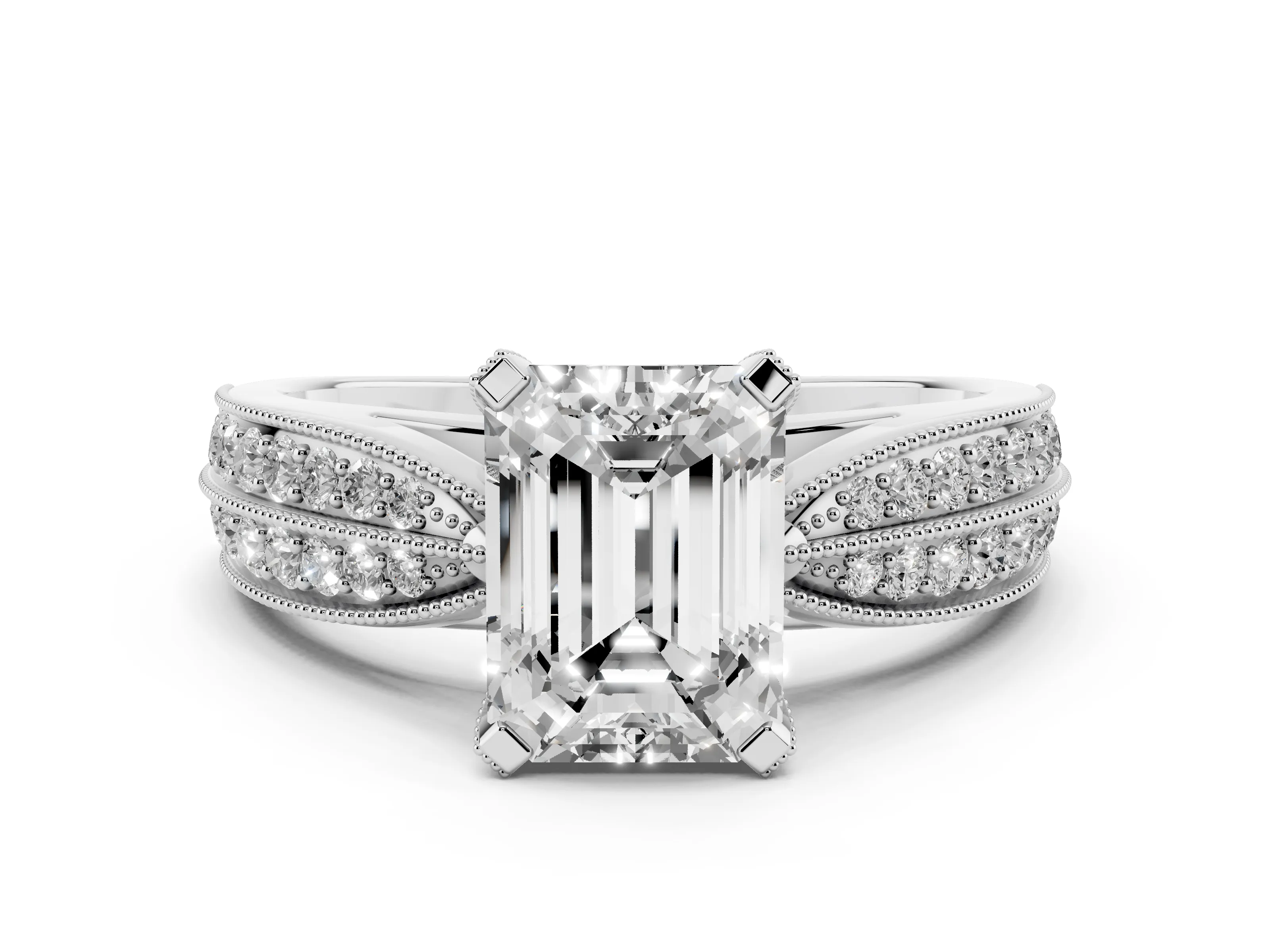 Emerald Cut Diamond Solitaire Ring Set in Platinum with Milgrain Double Row Round Pavé Band