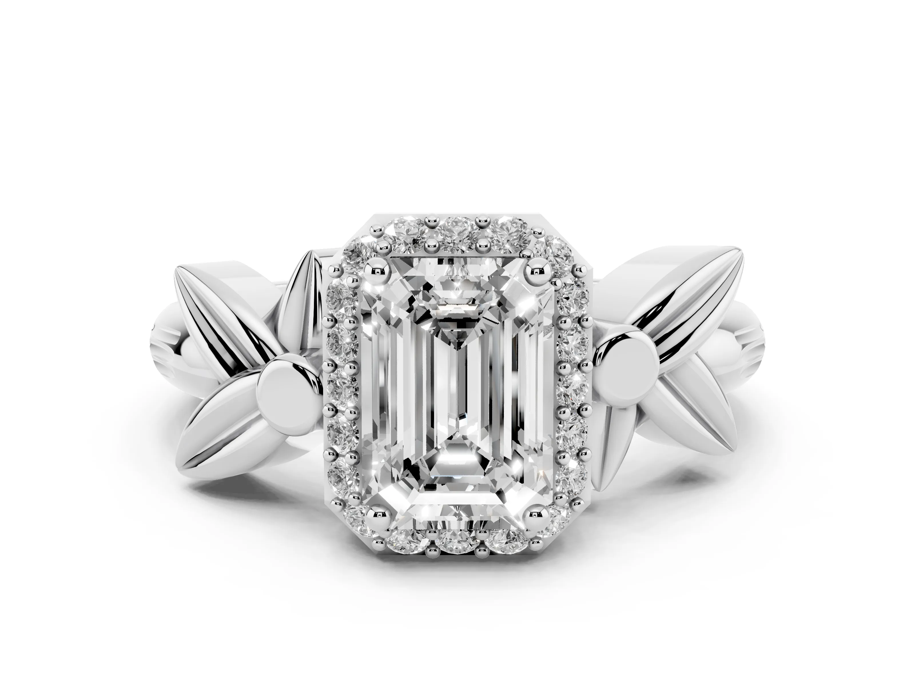 Emerald Cut Diamond Halo Floral Band Ring Set in White gold with Prong Setting