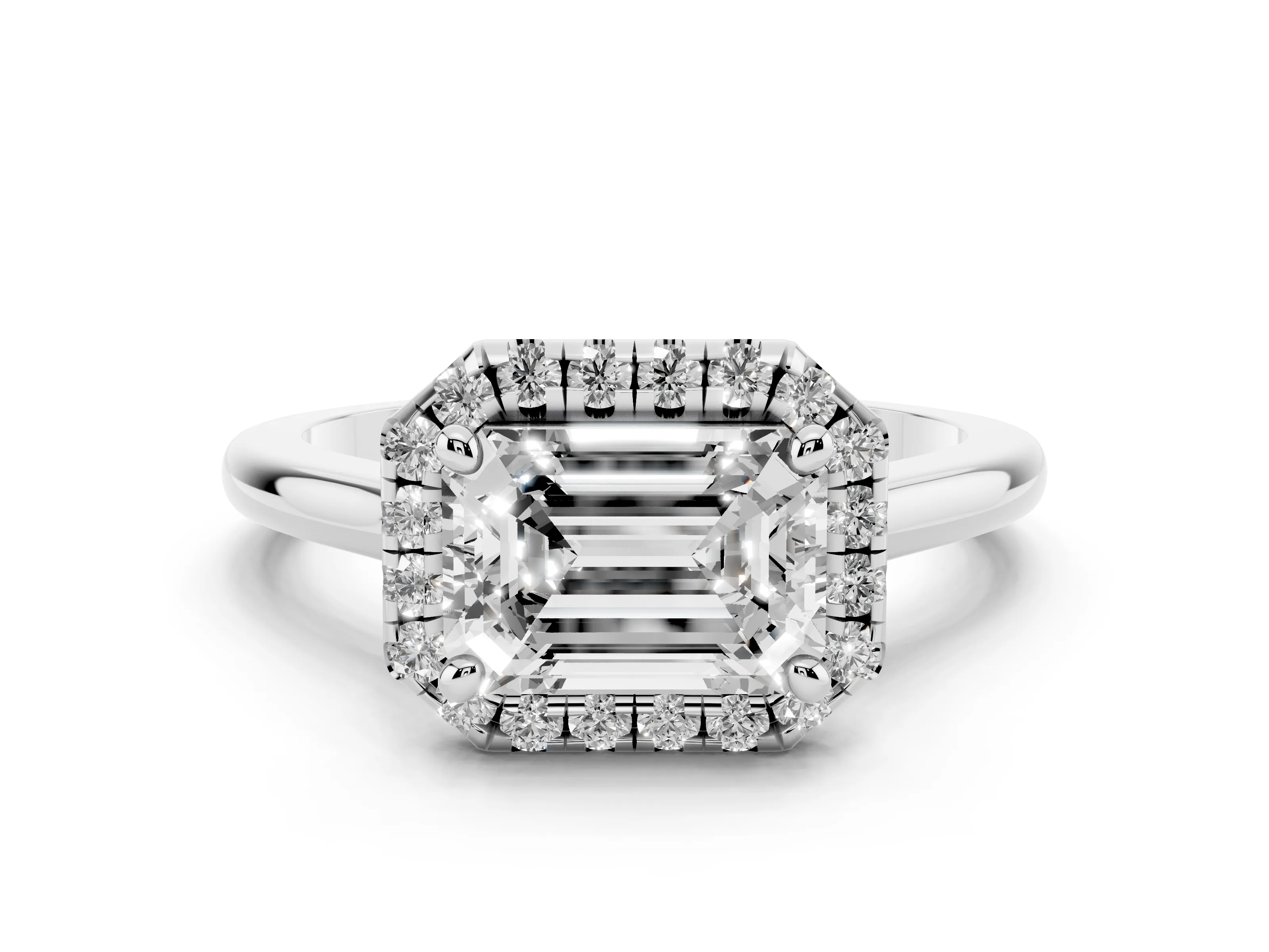 Emerald Cut Diamond Halo Engagement Ring Set in Platinum with Pavé Band and Rising Shoulders