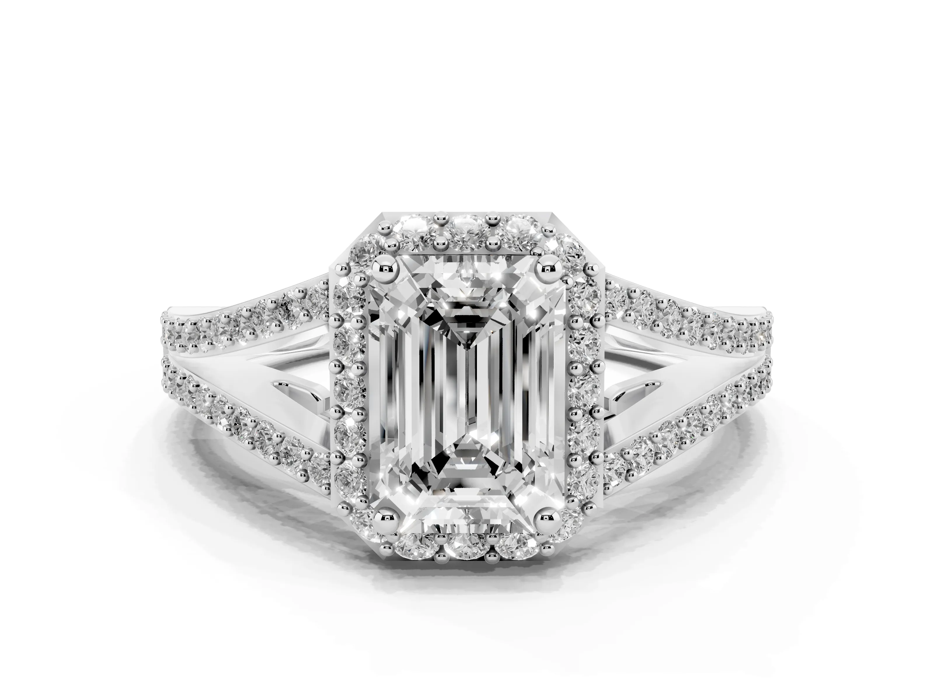 Emerald Cut Diamond Halo Split Shank Pavé Ring Set in White gold with Prong Setting