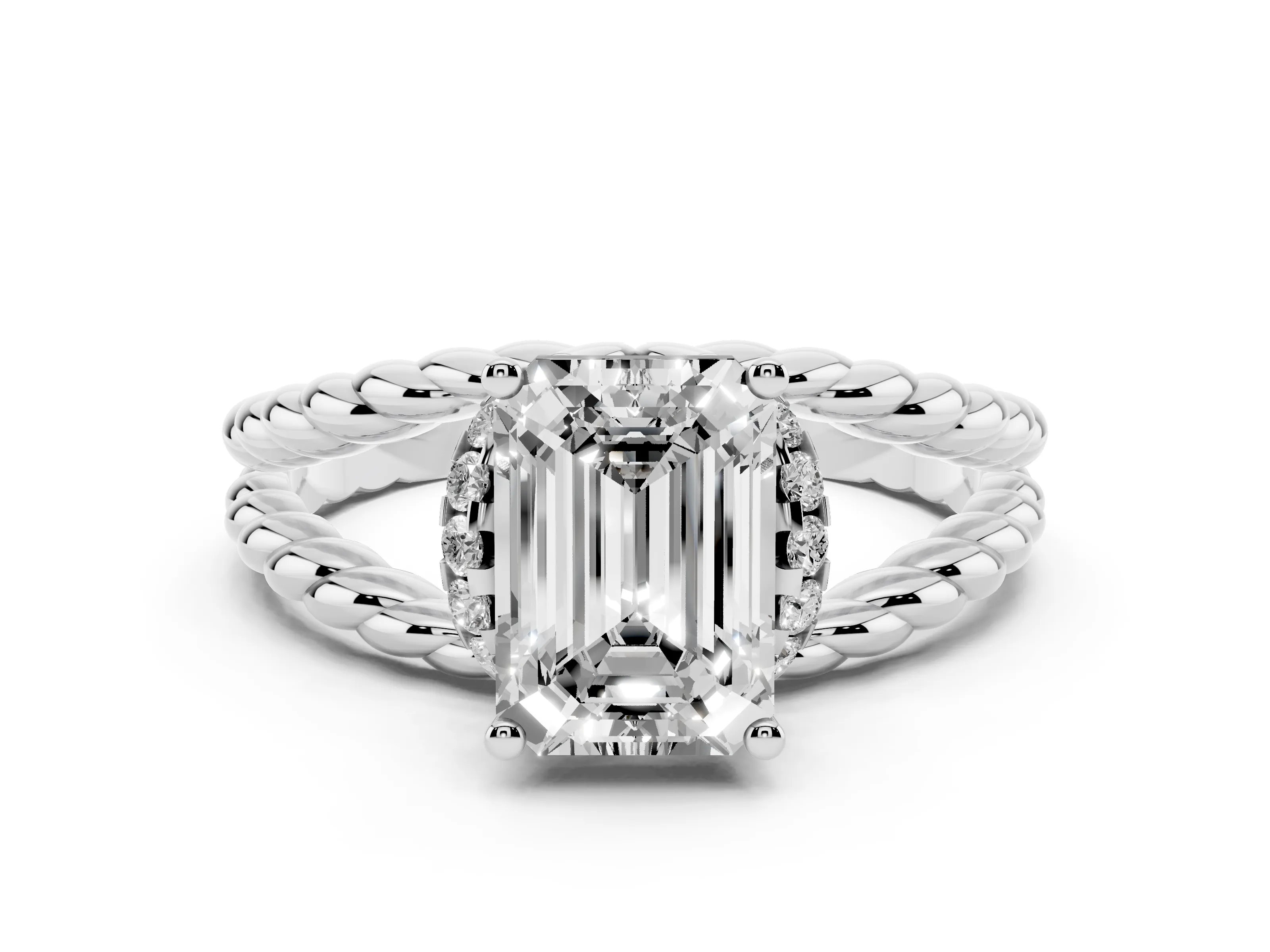 Emerald Cut Diamond Halo Ring Set in White gold with Twisted Band and Prong Setting