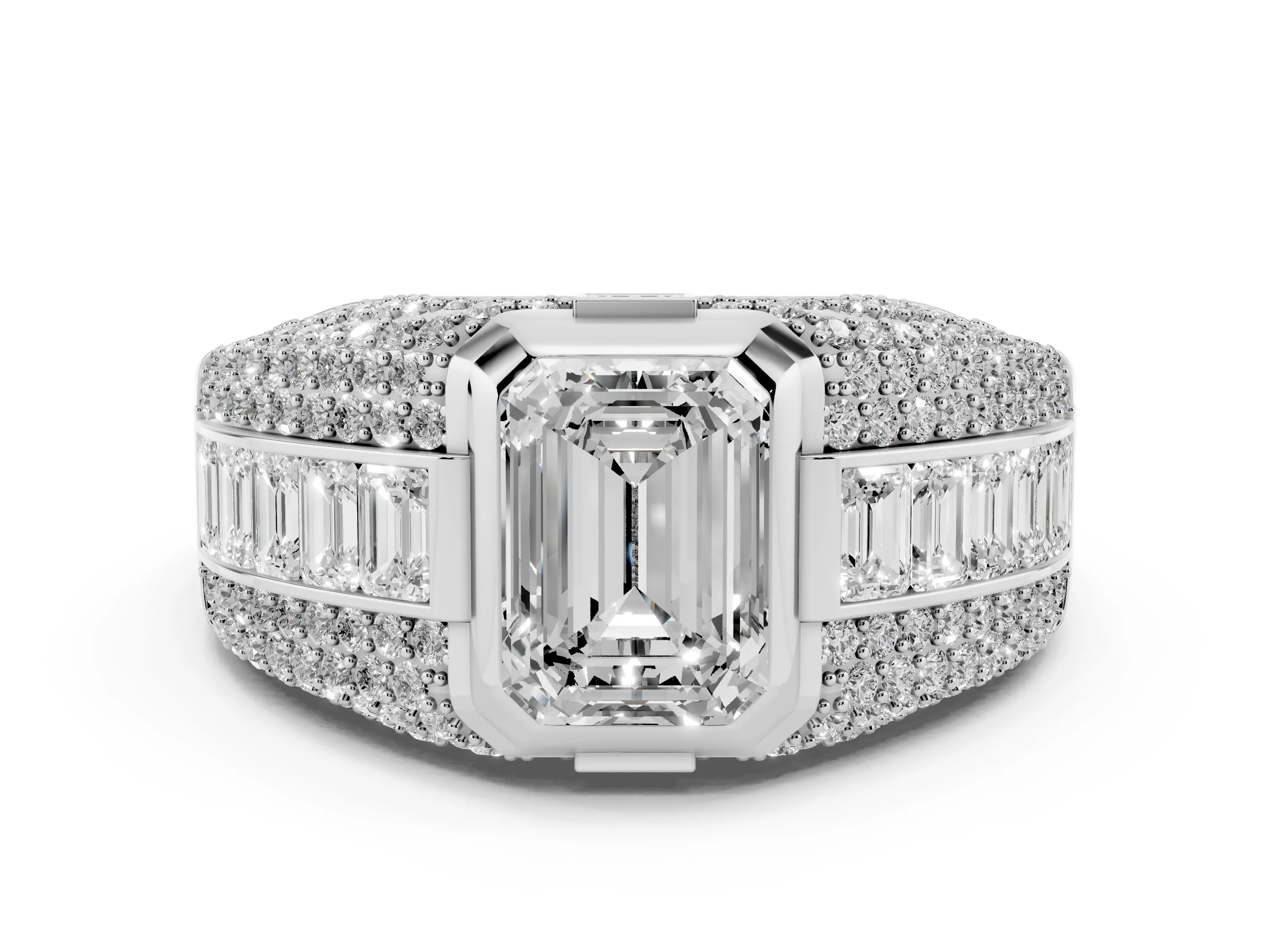 Emerald Cut Diamond Mens Ring Set in Platinum with Structured Side Stones and Pavé Shoulders