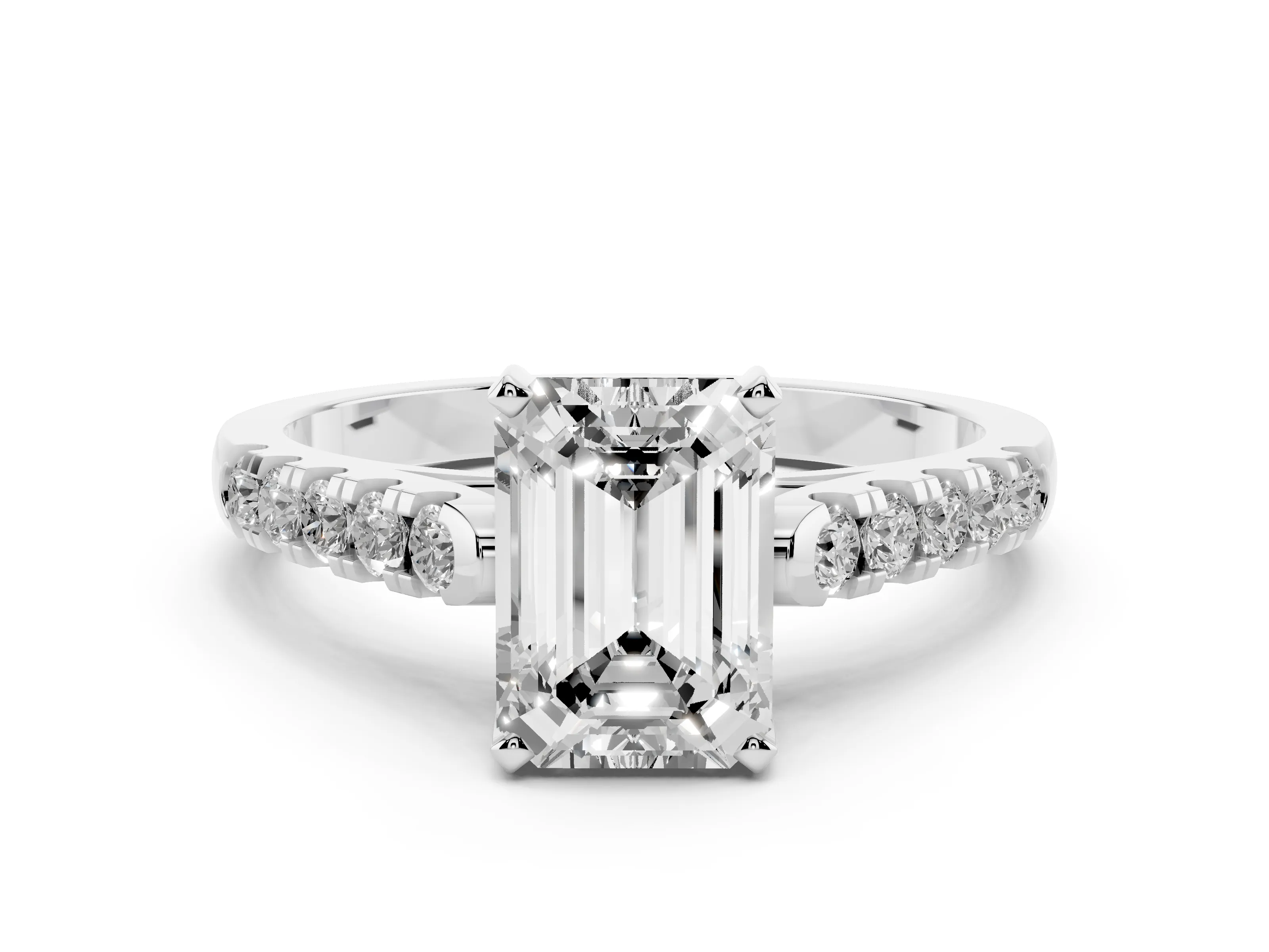 Emerald Cut Diamond Pavé Band Solitaire Ring Set in Platinum with Partway Accent Stones and Prong Setting