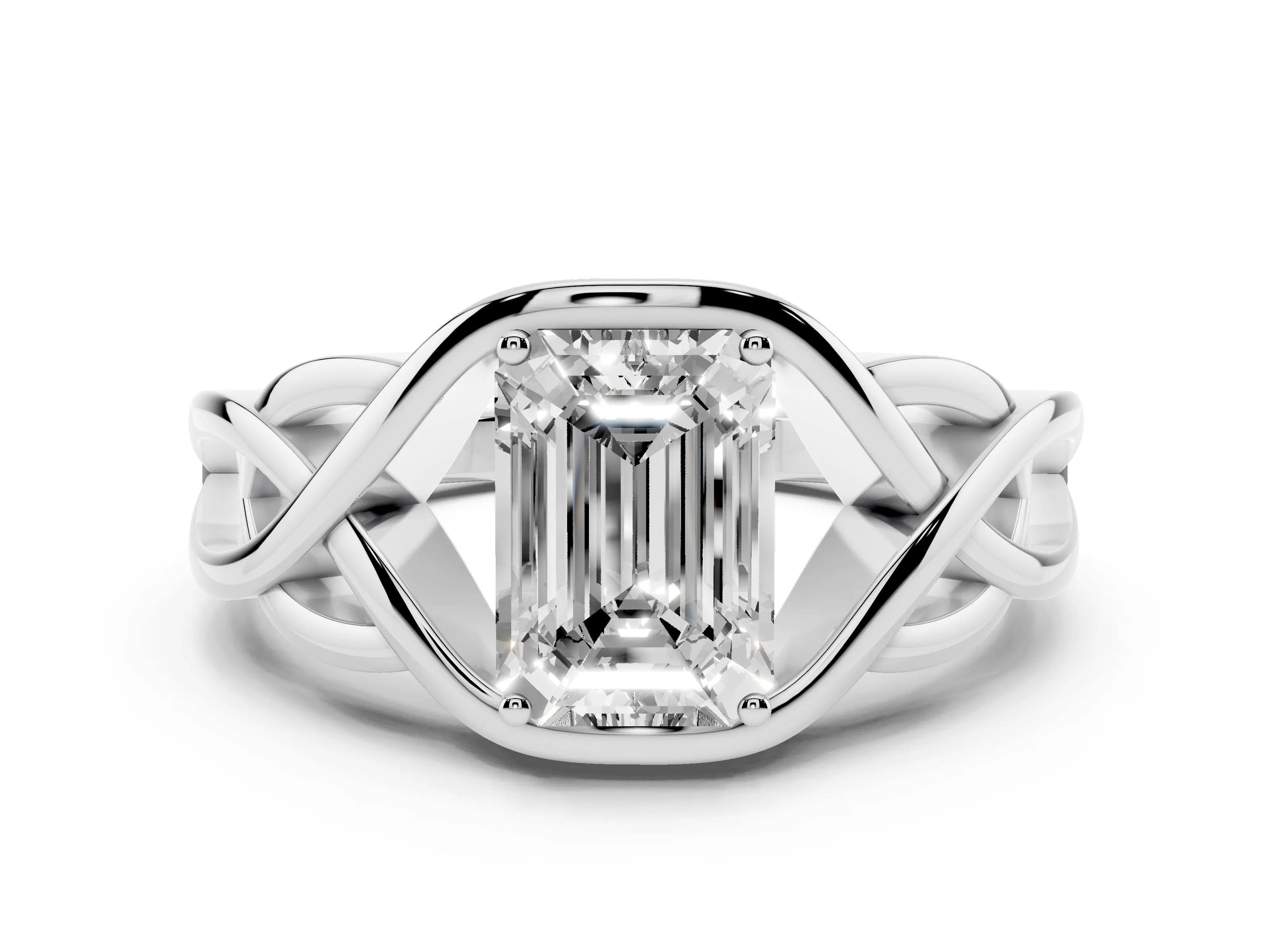 Emerald Cut Diamond Solitaire Ring Set in White gold with Intertwined Band
