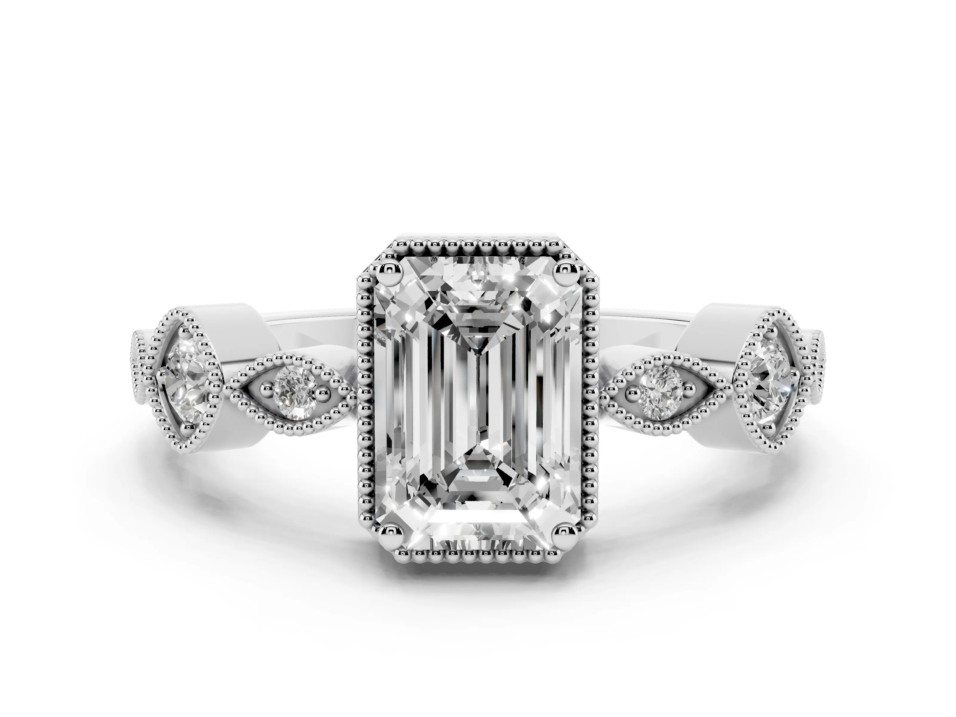 Emerald Cut Diamond Vintage-Inspired Milgrain Ring Set in Platinum with Marquise Stations of Round Accents
