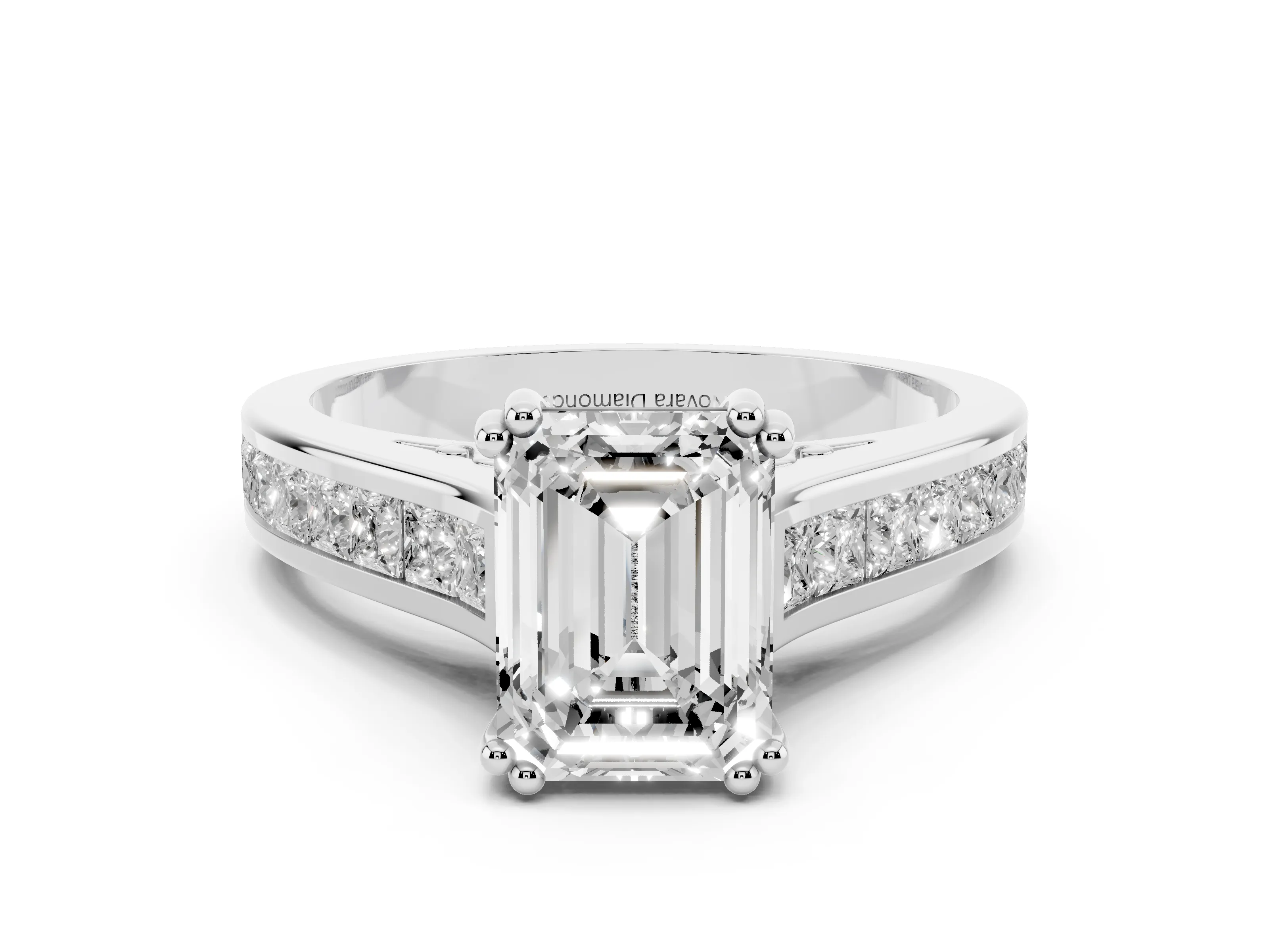 Emerald Cut Diamond Channel Set Solitaire Engagement Ring Set in Platinum with Prong Setting