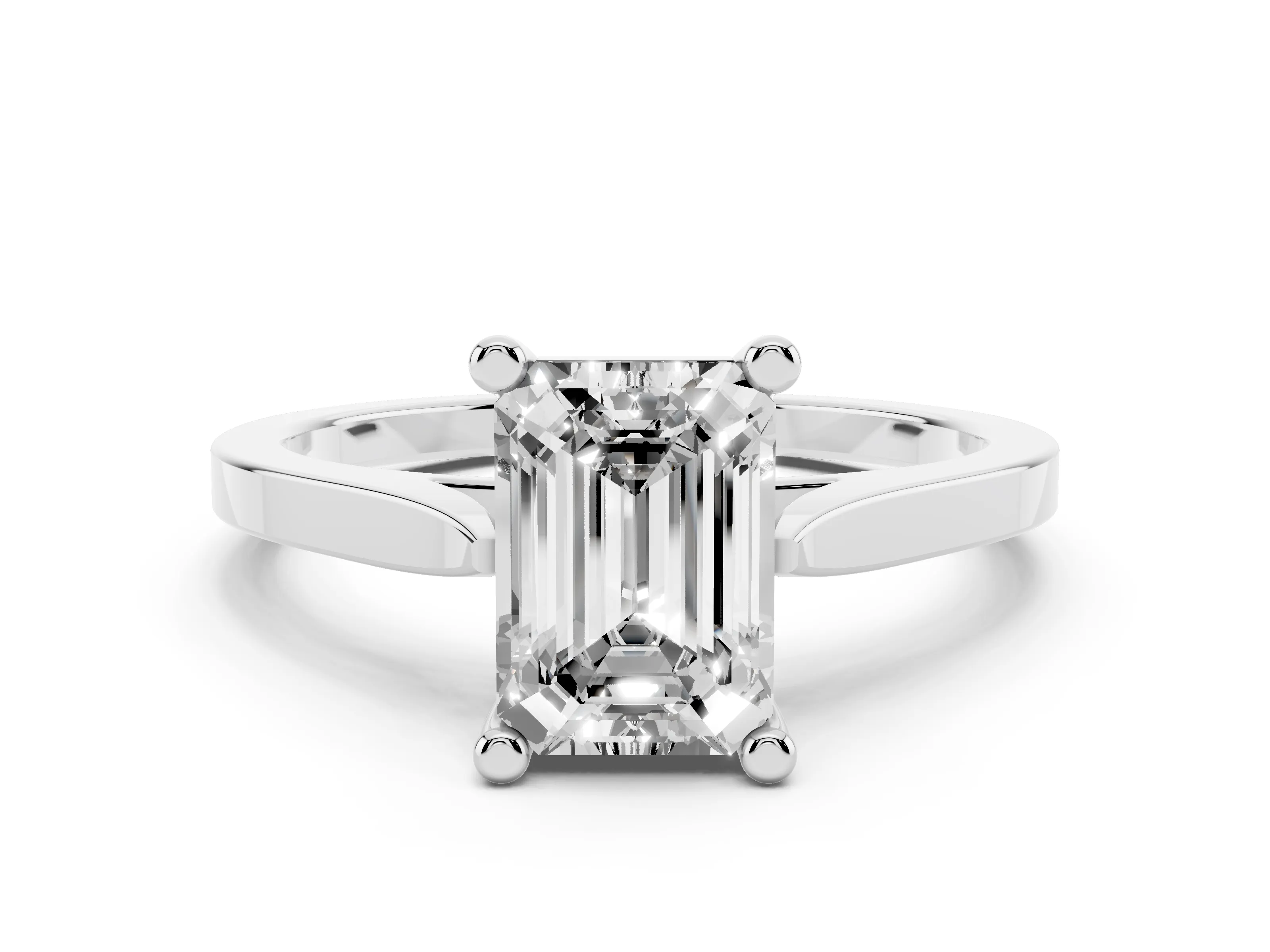Emerald Cut Diamond Solitaire Ring Set in Platinum with Prong Setting and Tapered Band