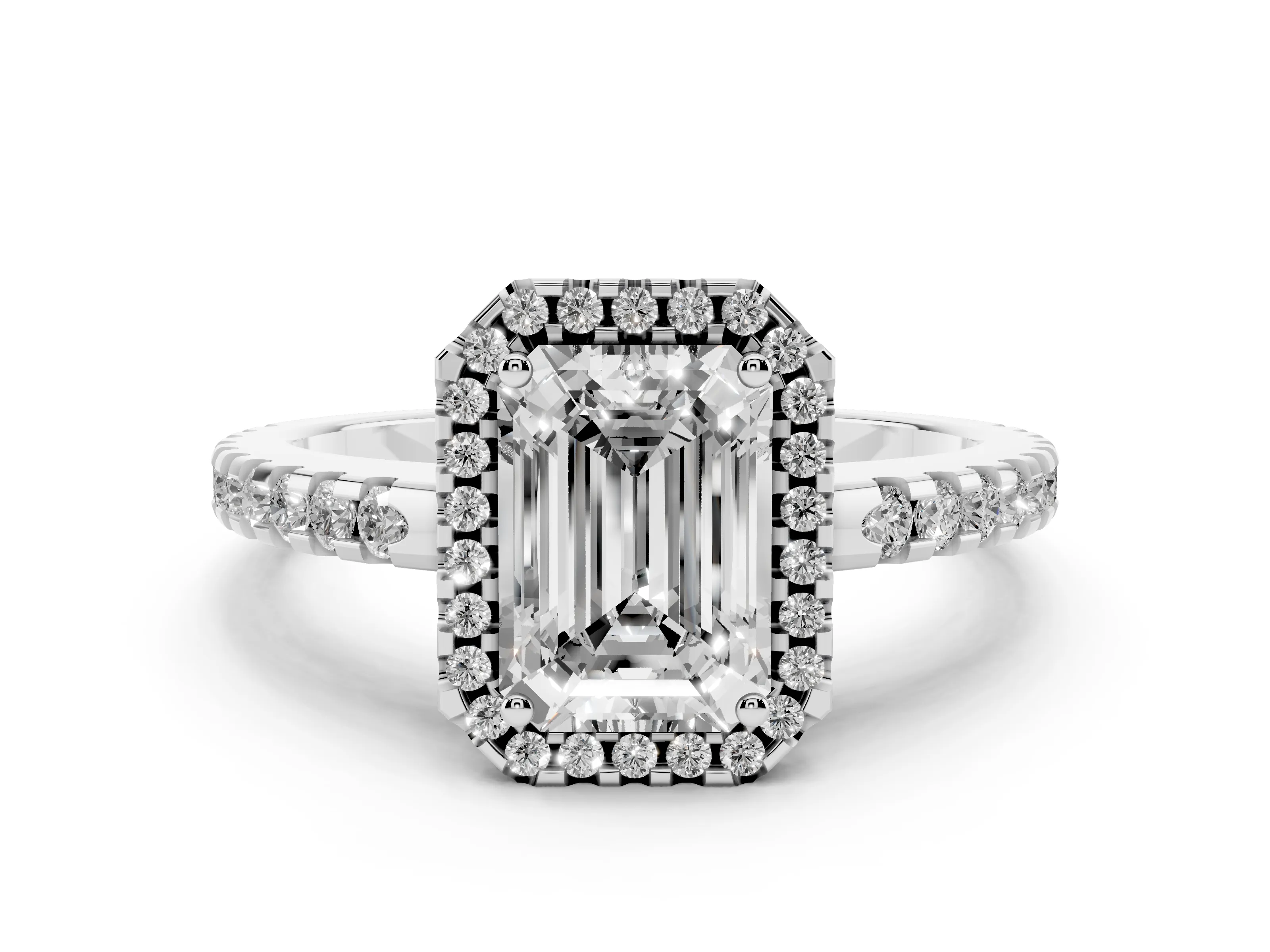Emerald Cut Diamond Halo Ring Set in White gold with Pavé Shoulders and Halo-Framed Center